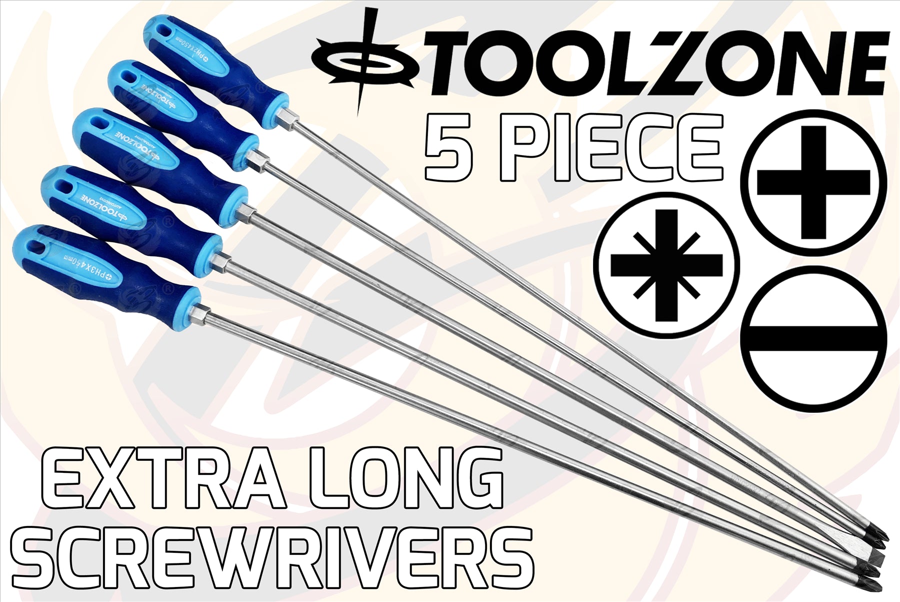 TOOLZONE 5PCS EXTRA LONG MAGNETIC SCREWDRIVER SET ( SLOTTED - PHILLIPS - POZIDRIVE )