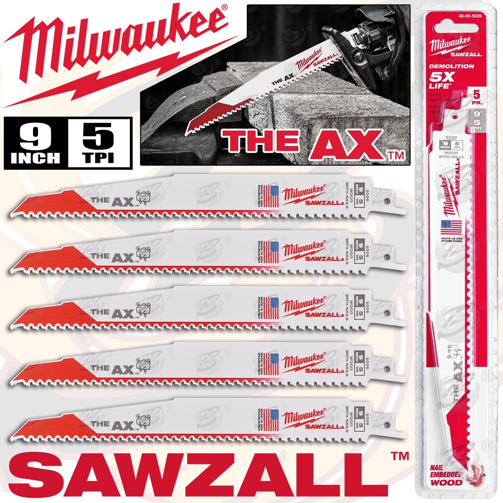 MILWAUKEE SAWZALL RECIPROCATING SAW BLADE 230mm x 5TPI WOOD SAW BLADES ( THE AX ) ( x 5 )