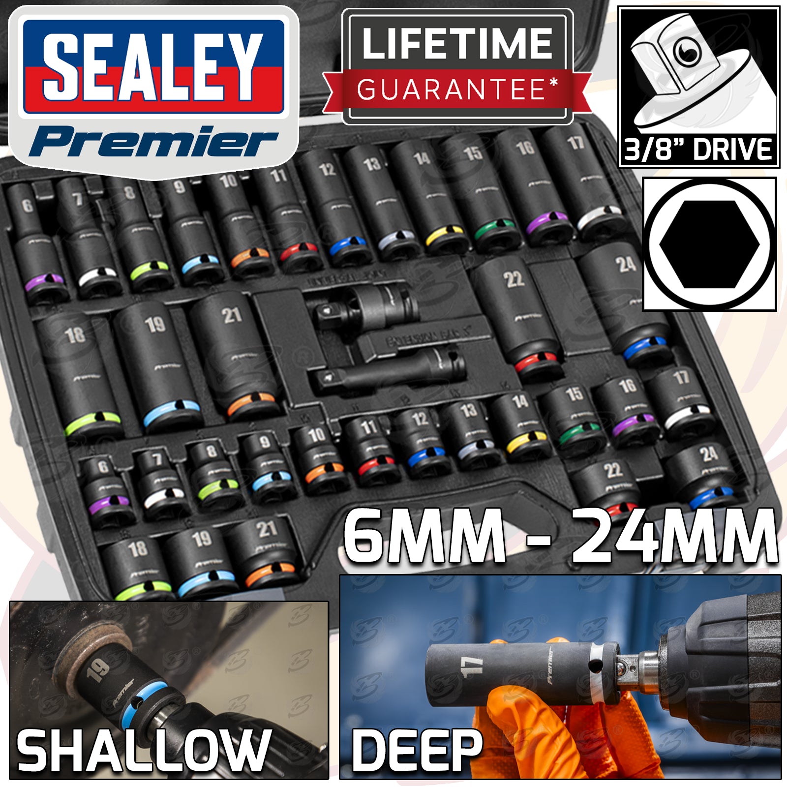 SEALEY 36PCS 3/8" DRIVE 6 POINT DEEP & SHALLOW IMPACT SOCKETS 6MM - 24MM