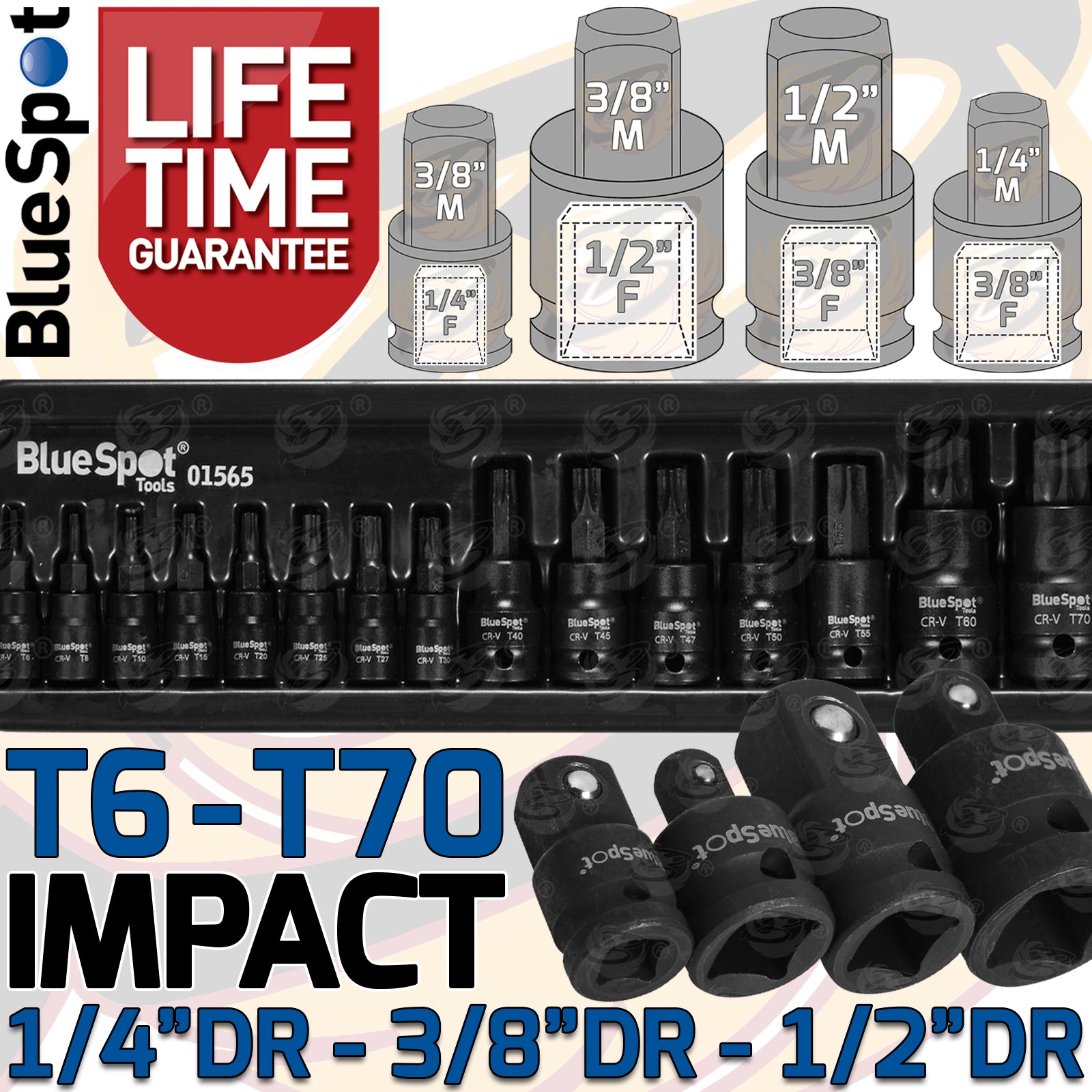 BLUESPOT 15PCS 1/4" & 3/8" & 1/2" DRIVE IMPACT TORX BIT SOCKETS T6 - T70 & 4PCS IMPACT SOCKET ADAPTERS