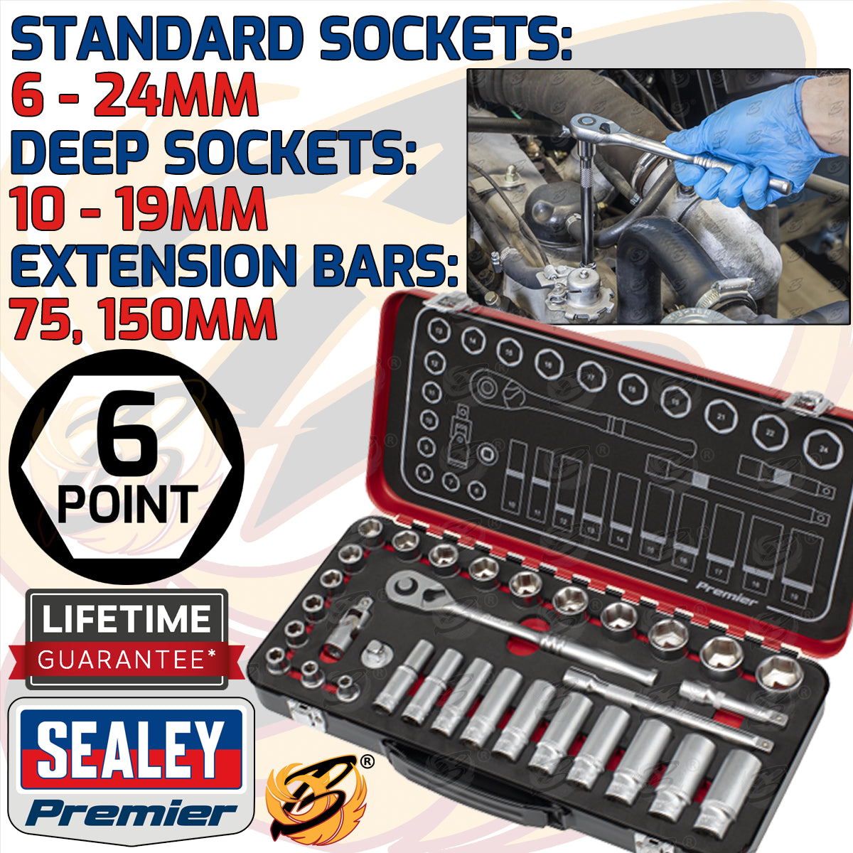 SEALEY 32PCS 3/8" DRIVE 6 POINT 90 TOOTH PREMIER PLATINUM SOCKET SET 6MM - 24MM