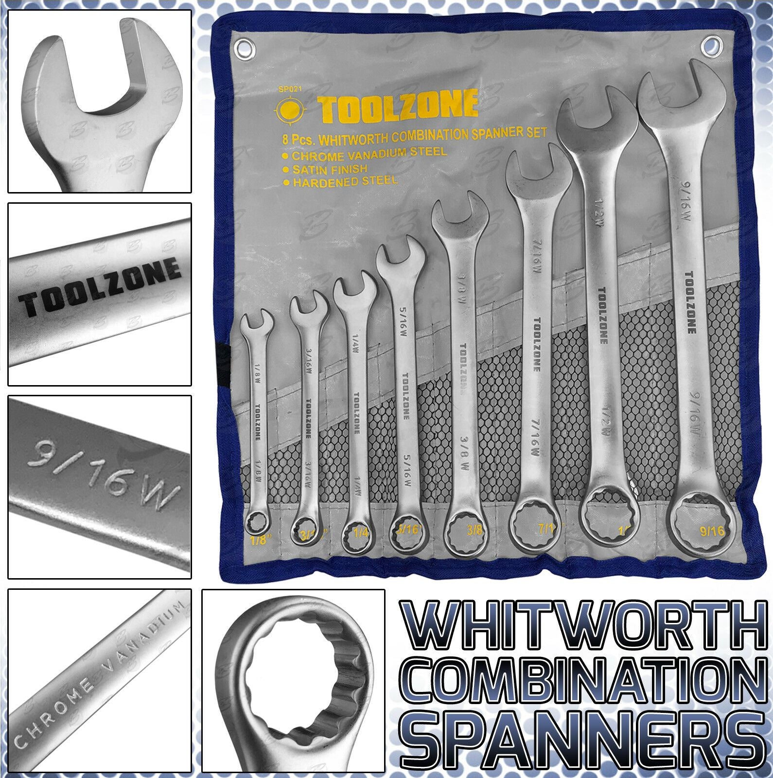TOOLZONE 8PCS WHITWORTH COMBINATION SPANNERS 1/8" - 9/16"