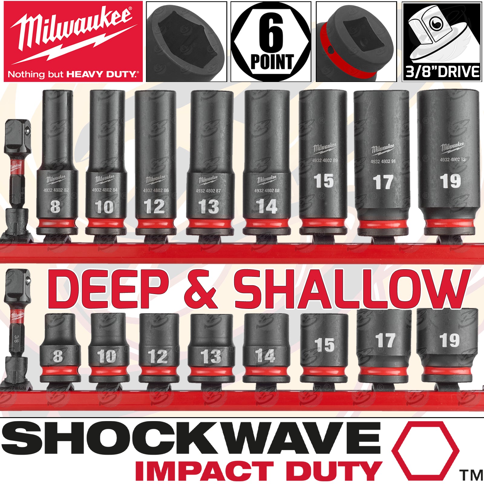 MILWAUKEE 18PCS 3/8" DRIVE 6 POINT DEEP & SHALLOW IMPACT SOCKETS 8MM - 19MM ( SHOCKWAVE IMPACT DUTY )