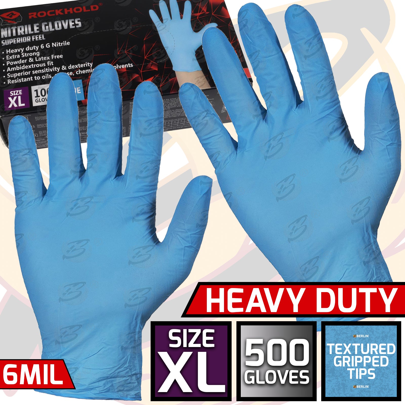 ROCKHOLD HEAVY DUTY BLUE 6 MIL NITRILE TEXTURED TIP GLOVES ( X LARGE - 500 GLOVES )