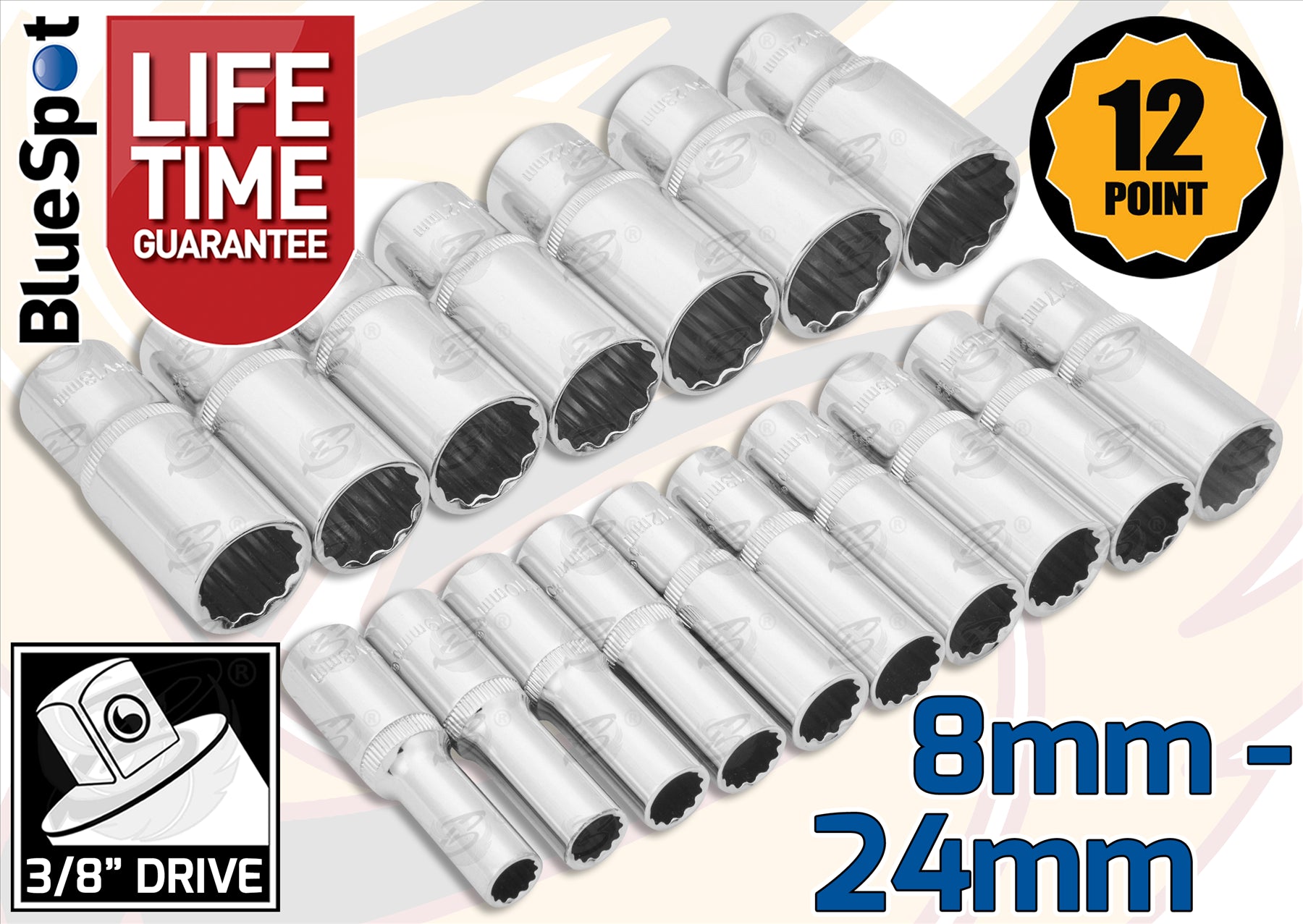 BLUESPOT 17PCS 3/8" DRIVE 12 POINT DEEP SOCKETS 8MM - 24MM