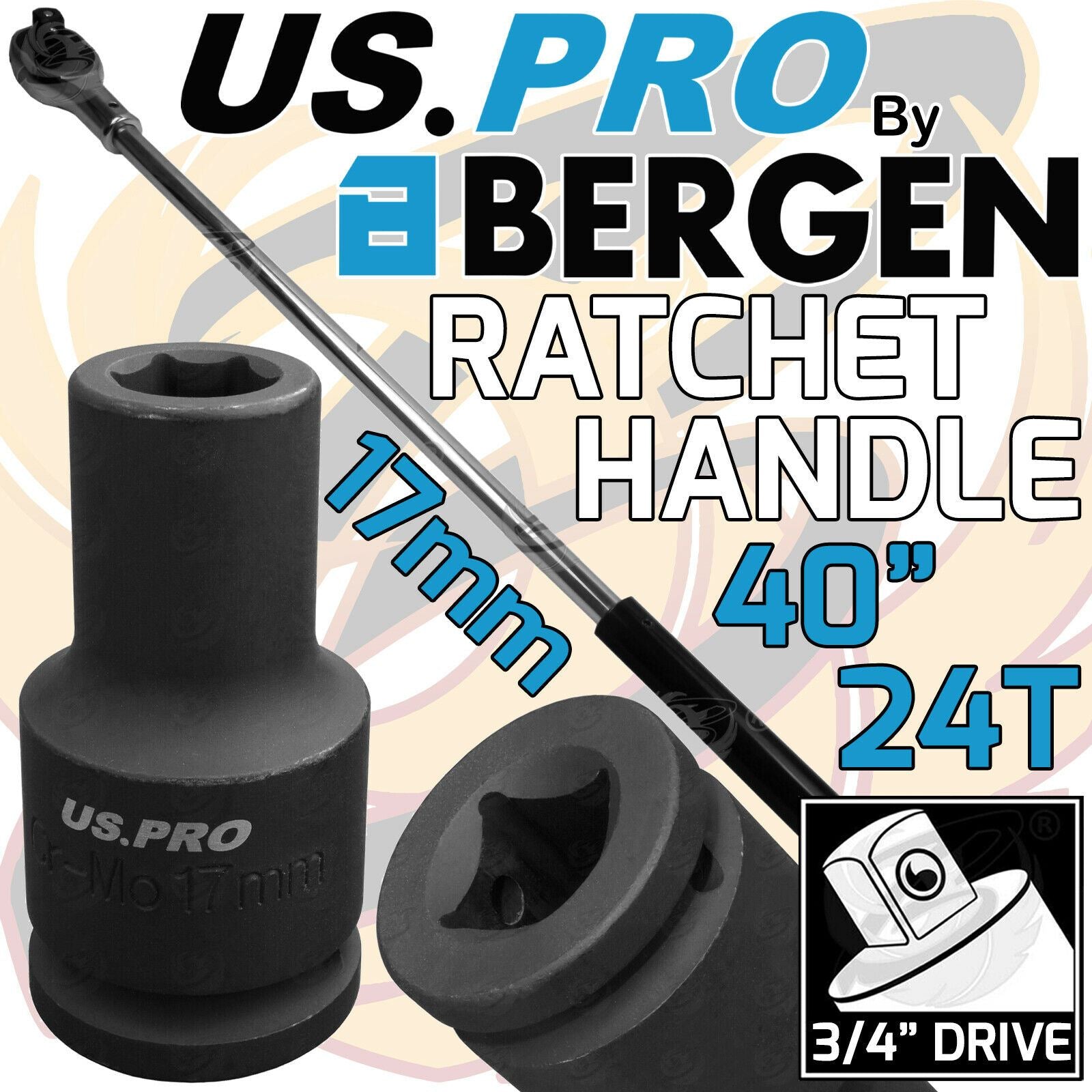 US PRO 3/4" DRIVE 24 TOOTH 1000MM LONG RATCHET HANDLE & 17MM 6 POINT DEEP IMPACT SOCKET