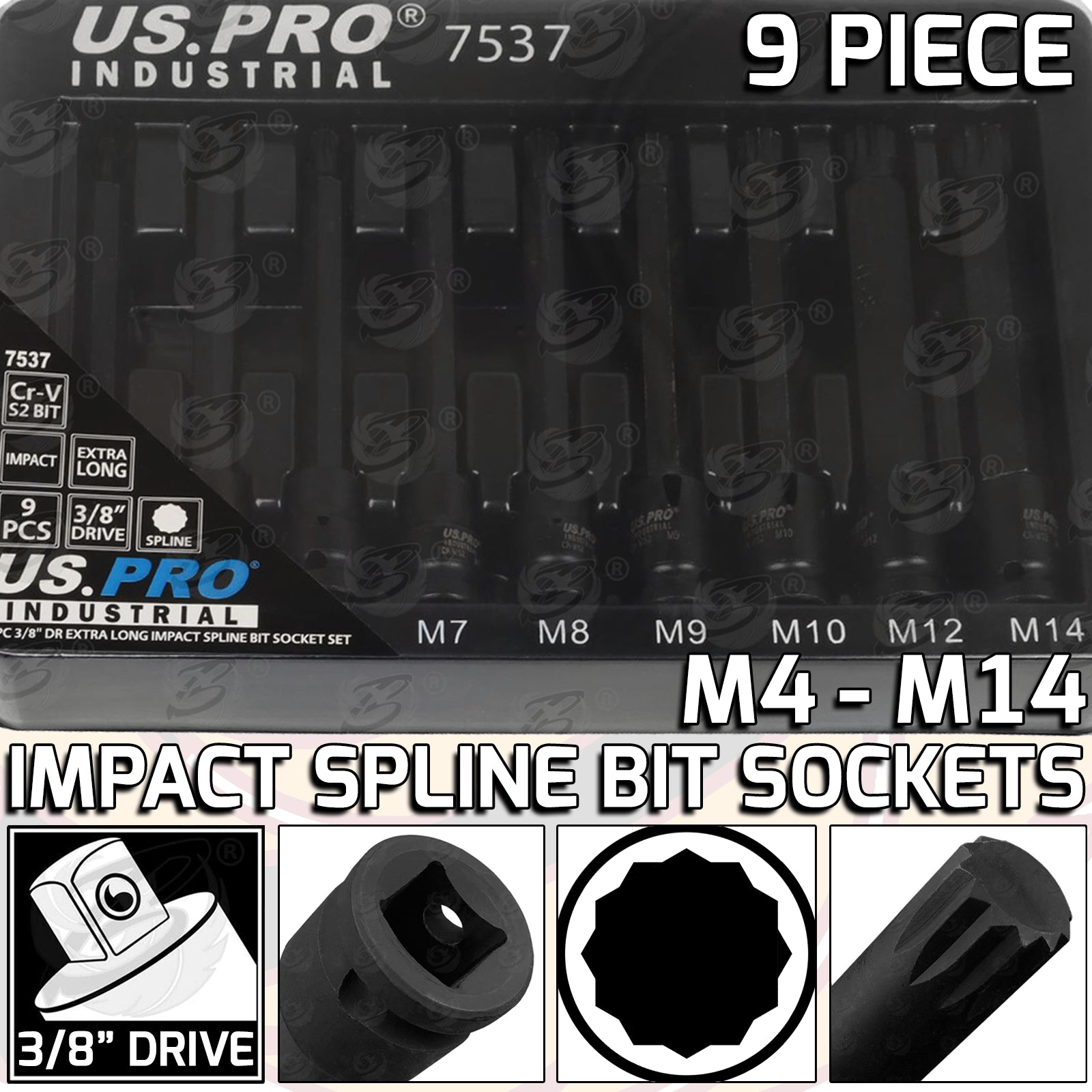 US PRO INDUSTRIAL 9PCS 3/8" DRIVE EXTRA LONG IMPACT SPLINE BIT SOCKETS M4 - M14