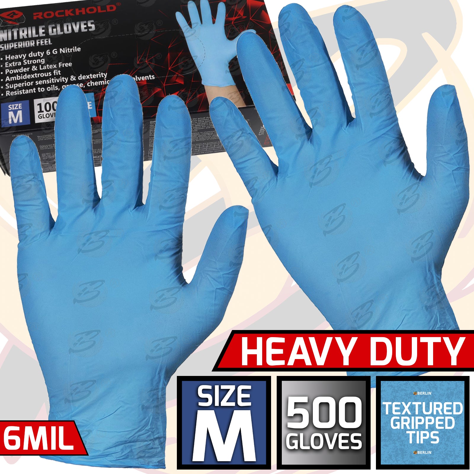 ROCKHOLD HEAVY DUTY BLUE 6 MIL NITRILE TEXTURED TIP GLOVES ( MEDIUM - 500 GLOVES )