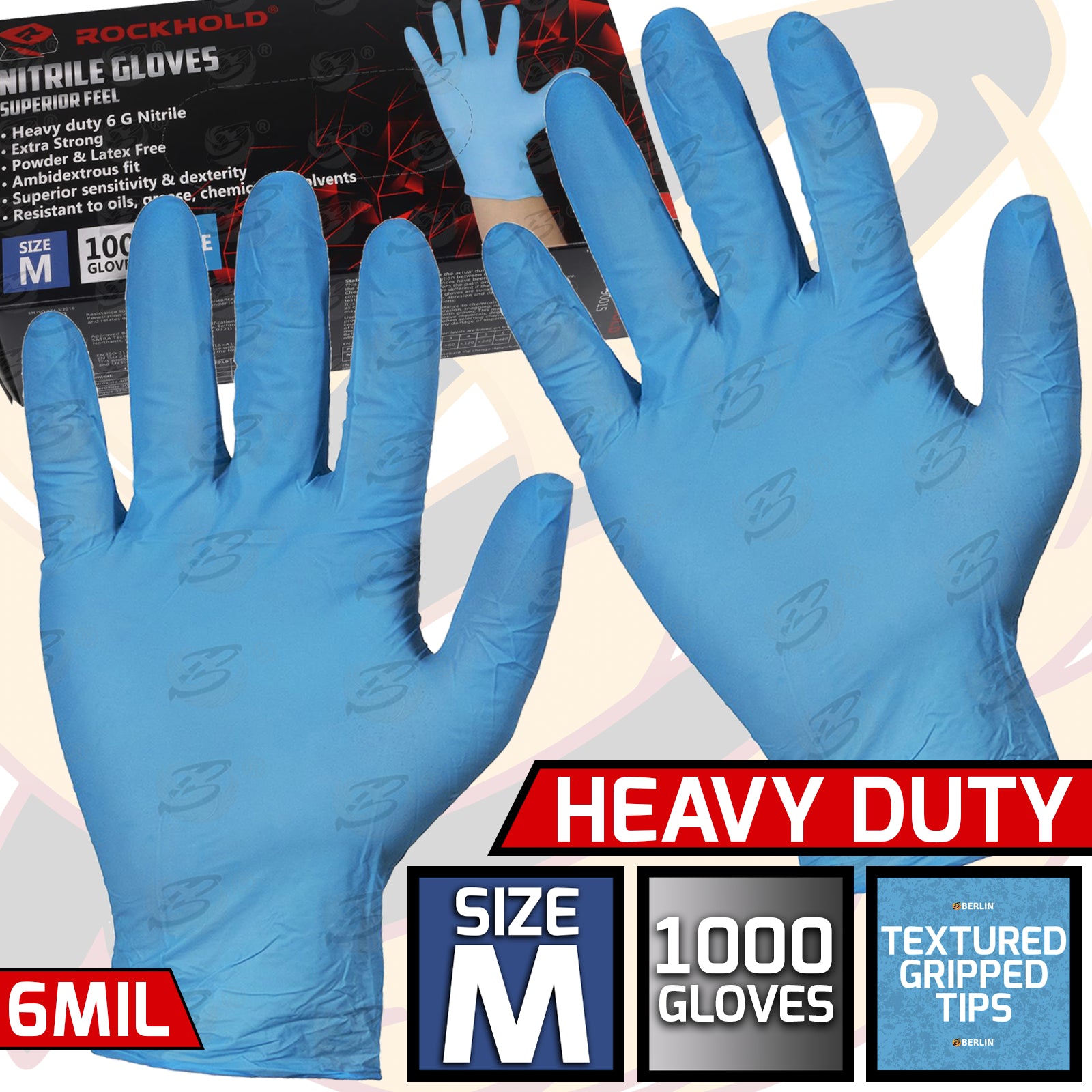 ROCKHOLD HEAVY DUTY BLUE 6 MIL NITRILE TEXTURED TIP GLOVES ( MEDIUM - 1000 GLOVES )