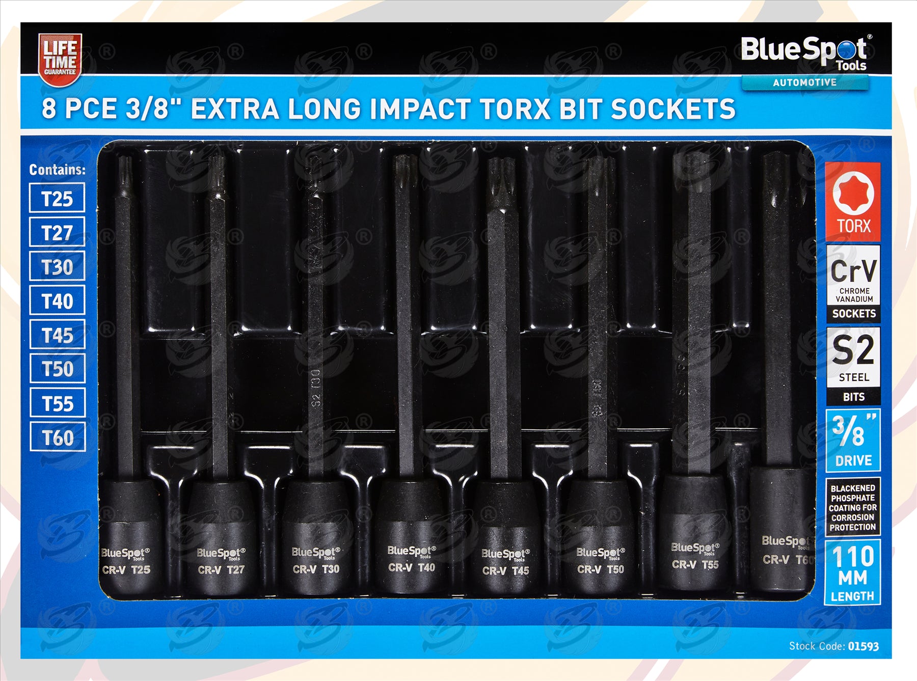 BLUESPOT 8PCS 3/8" DRIVE EXTRA LONG IMPACT TORX BIT SOCKETS T25 - T60