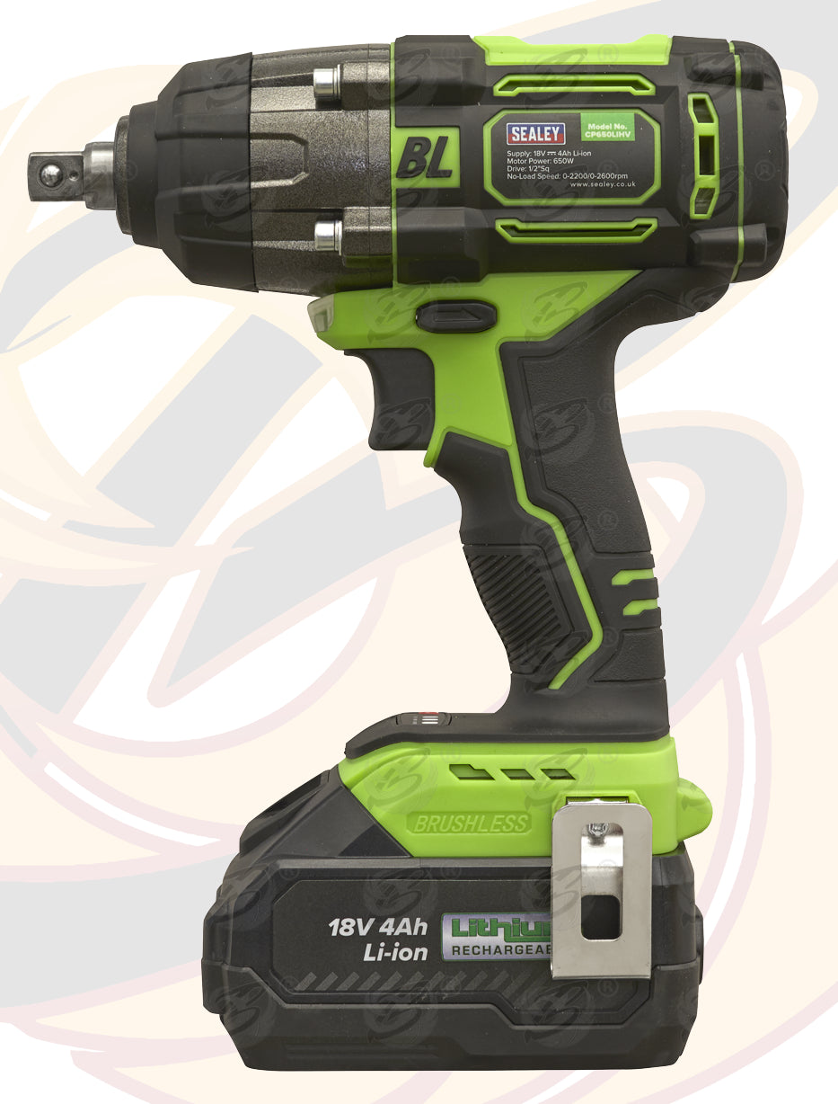 SEALEY 18V 4Ah 1/2" DRIVE BRUSHLESS CORDLESS IMPACT WRENCH 650Nm
