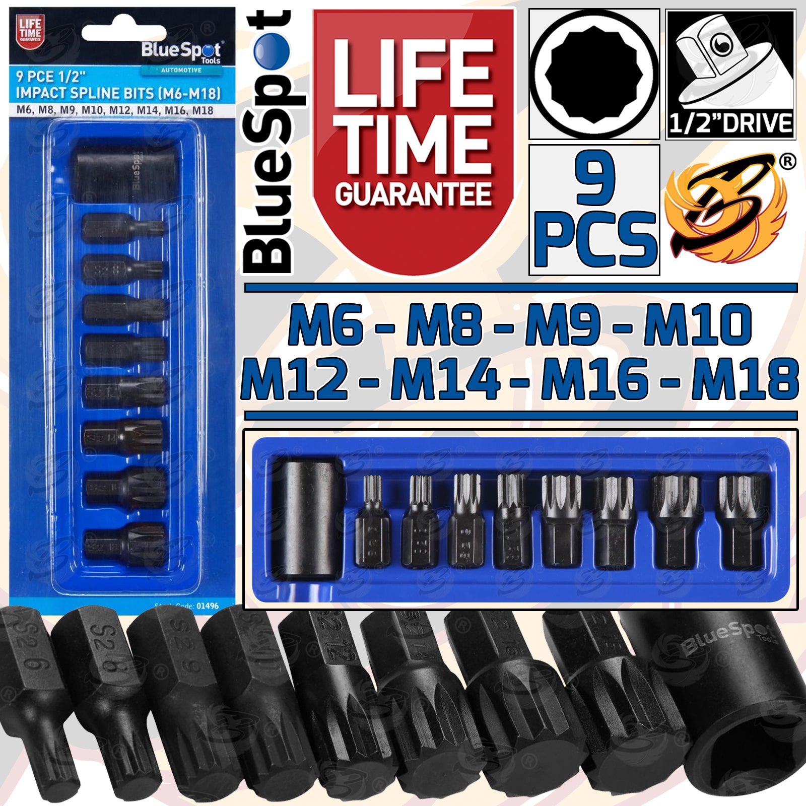 BLUESPOT 9PCS 1/2" DRIVE IMPACT SPLINE BIT SOCKETS M6 - M18