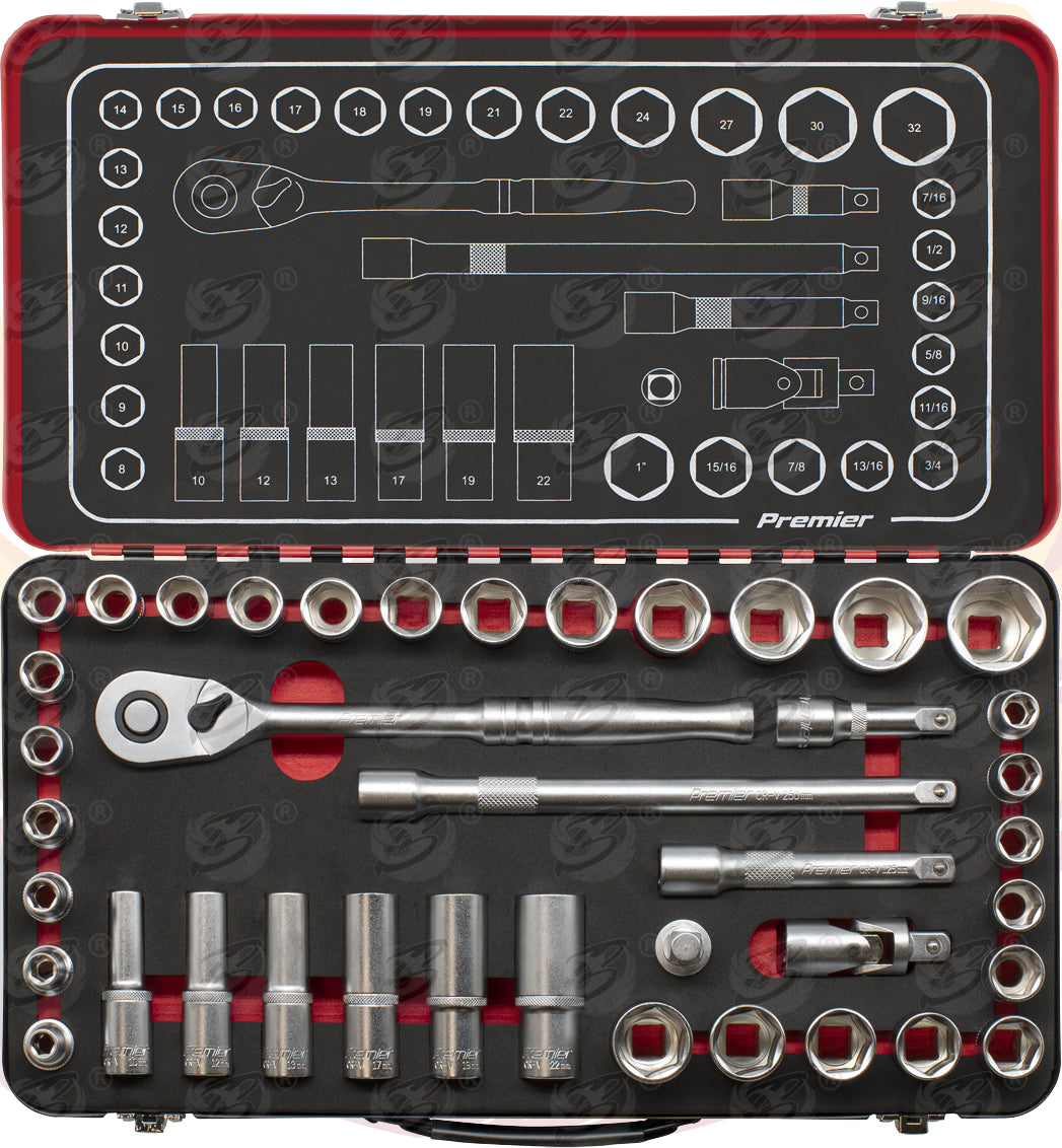 SEALEY 40PCS 1/2" DRIVE 6 POINT 90 TOOTH PREMIER PLATINUM SOCKET SET ( 8MM - 32MM & 7/16" - 1" )