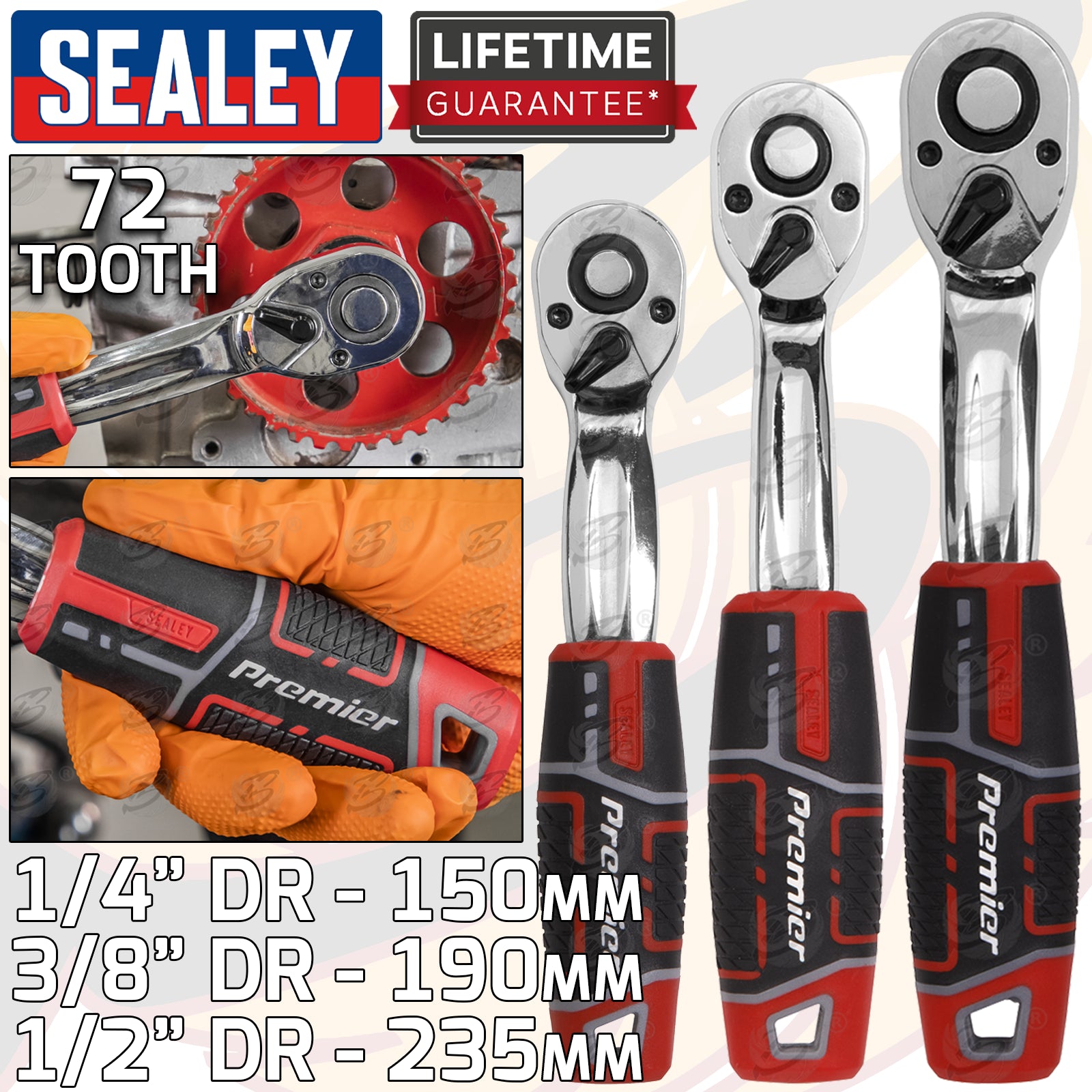 SEALEY 3PCS 1/4" & 3/8" & 1/2" DRIVE 72 TOOTH CURVED RATCHET HANDLE SET