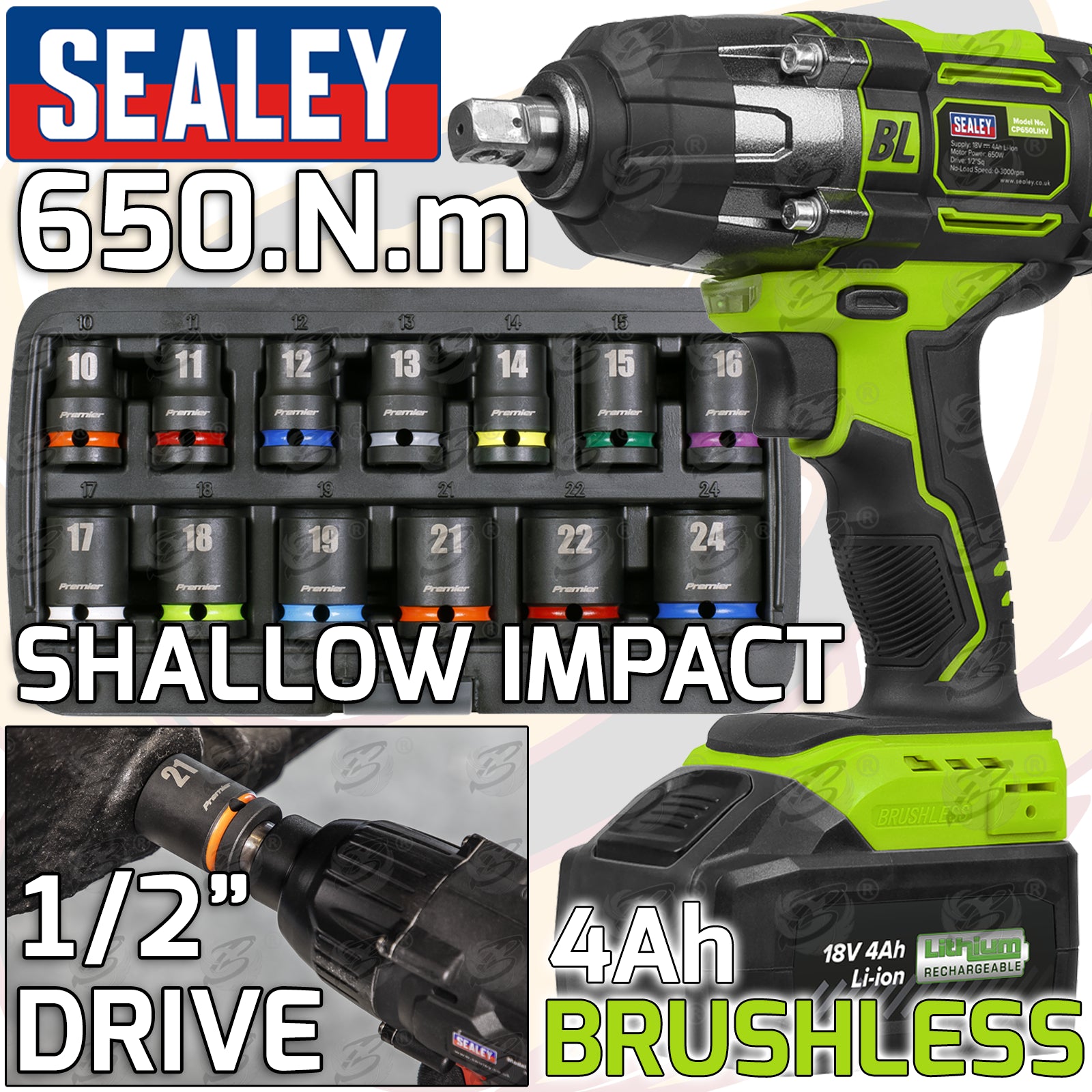 SEALEY 18V 4Ah 1/2" DRIVE BRUSHLESS CORDLESS IMPACT WRENCH 650Nm & 13PCS 6 POINT SHALLOW IMPACT SOCKETS 10MM - 24MM