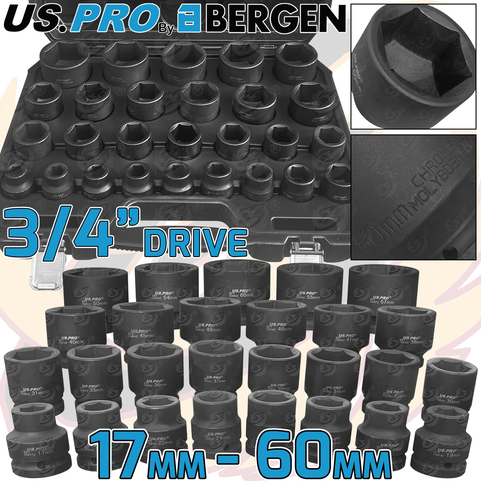 US PRO 27PCS 3/4" DRIVE 6 POINT IMPACT SOCKETS 17MM - 60MM