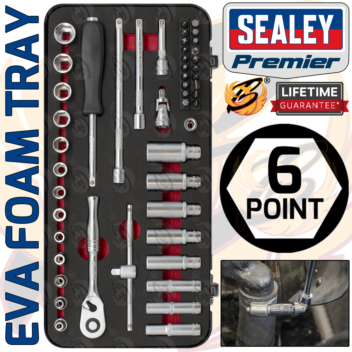 SEALEY 49PCS 1/4" DRIVE 6 POINT 90 TOOTH PREMIER PLATINUM SOCKET SET 4MM - 14MM