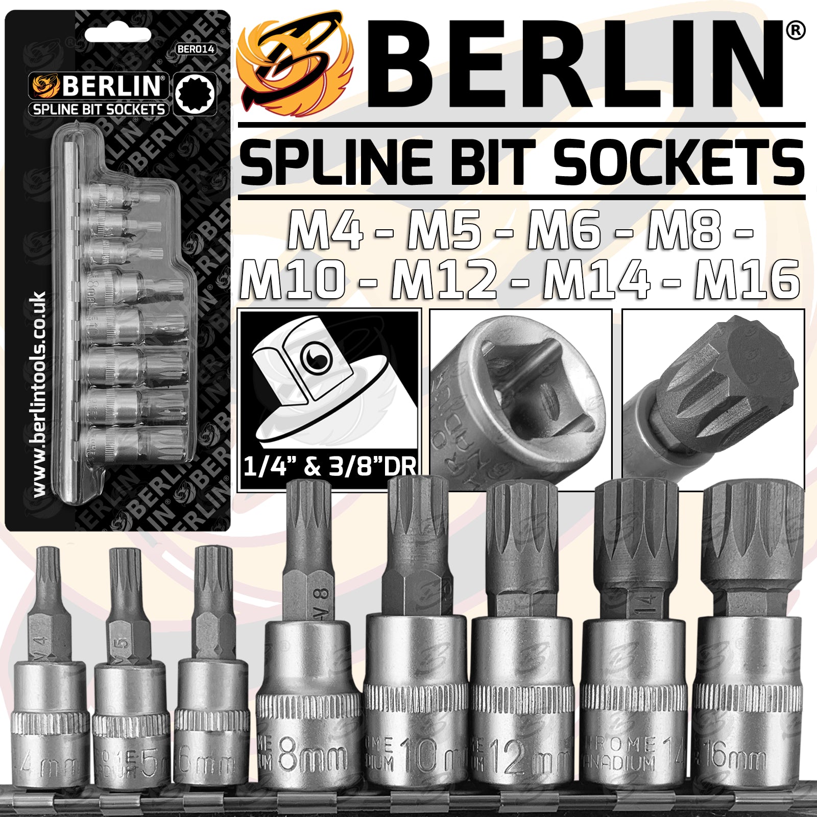 BERLIN 8PCS 1/4" & 3/8" DRIVE SPLINE BIT SOCKETS M4 - M16