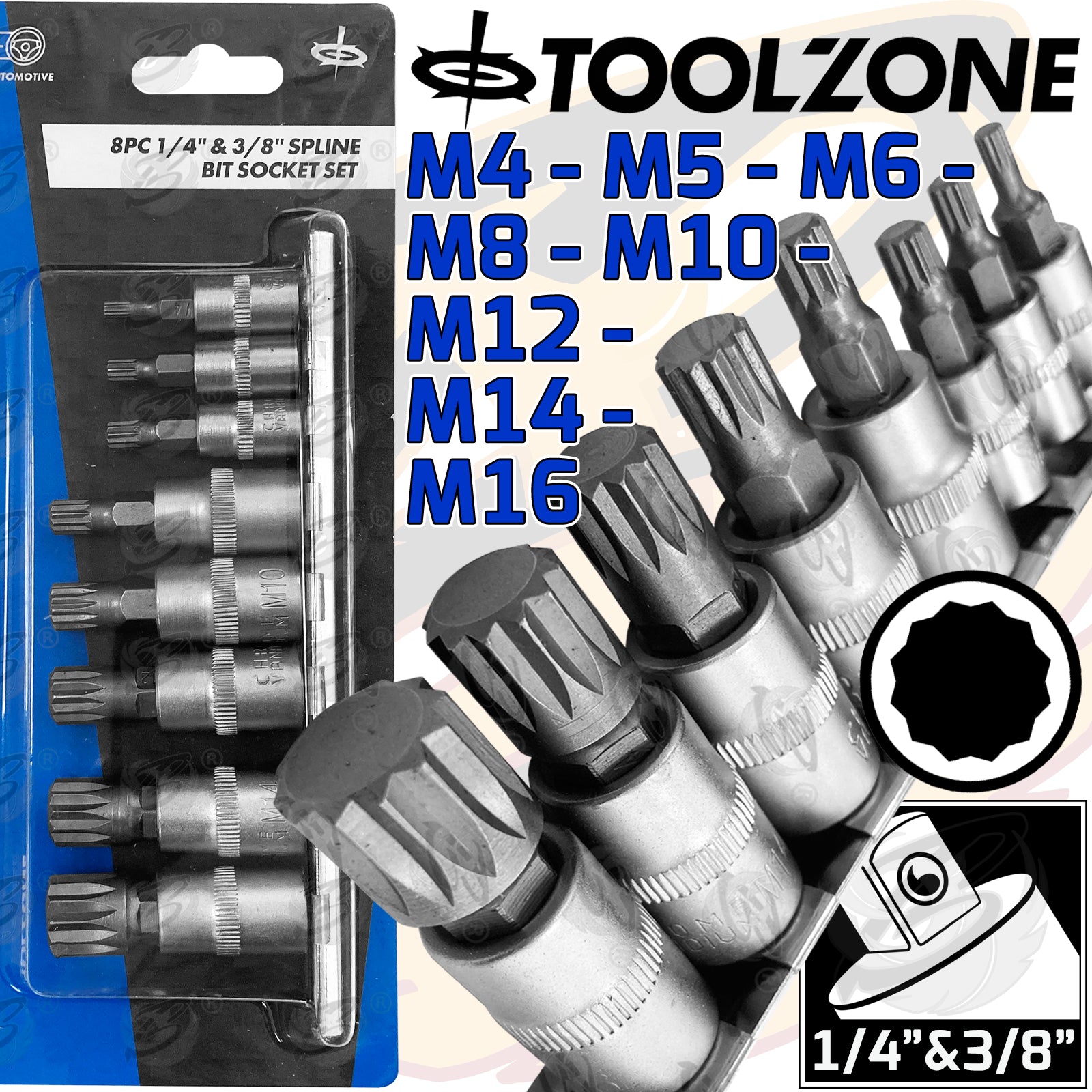 TOOLZONE 8PCS 1/4" & 3/8" DRIVE SPLINE BIT SOCKETS M4 - M16