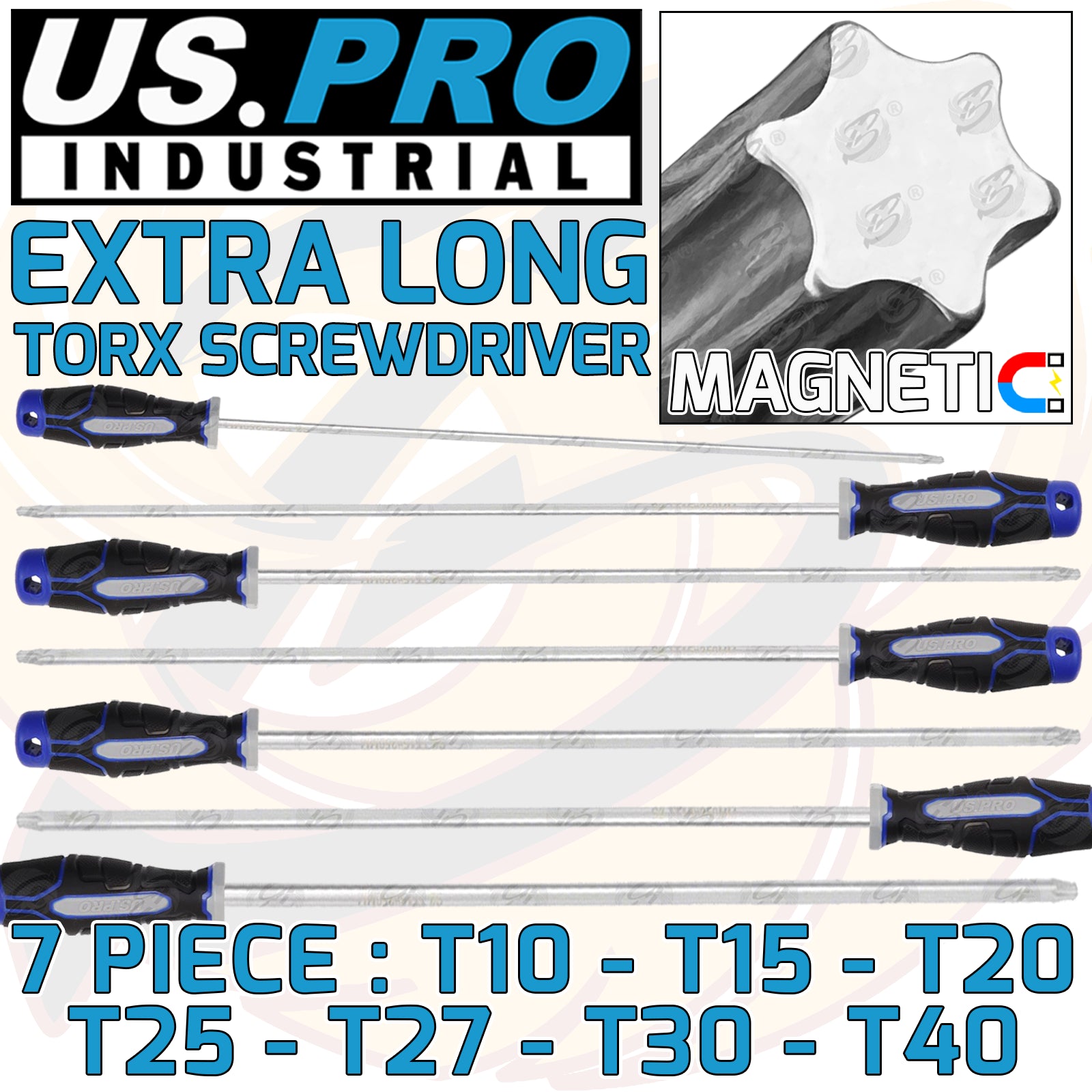 US PRO INDUSTRIAL 7PCS EXTRA LONG MAGNETIC TORX SCREWDRIVERS T10 - T40