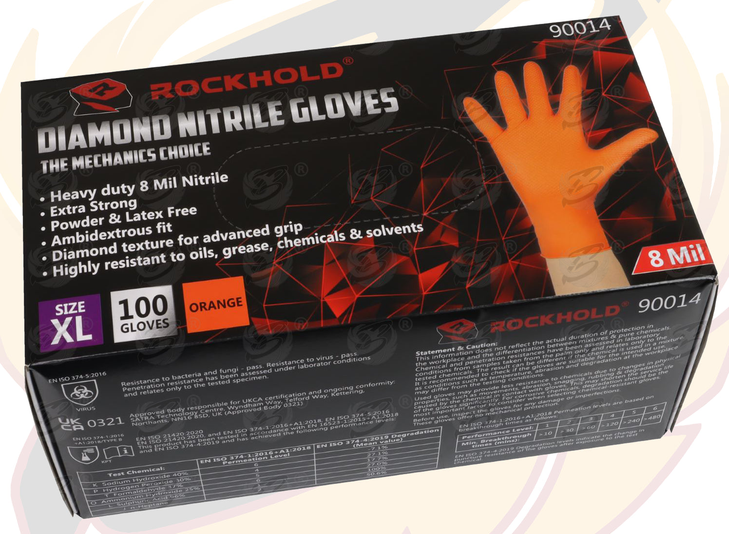 ROCKHOLD HEAVY DUTY ORANGE 8 MIL NITRILE DIAMOND GRIP GLOVES ( X LARGE - 100 GLOVES )