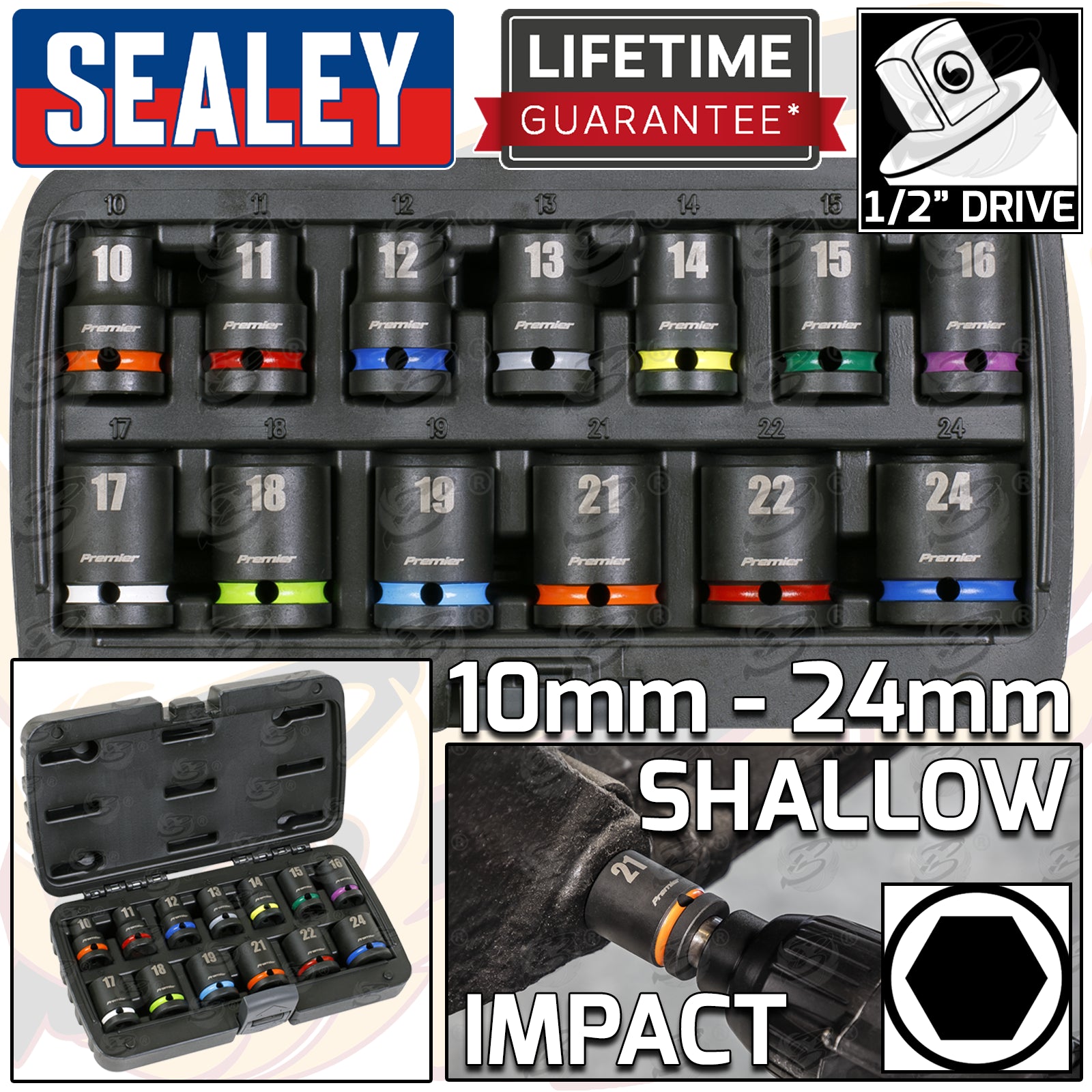 SEALEY 13PCS 1/2" DRIVE 6 POINT SHALLOW IMPACT SOCKETS 10MM - 24MM