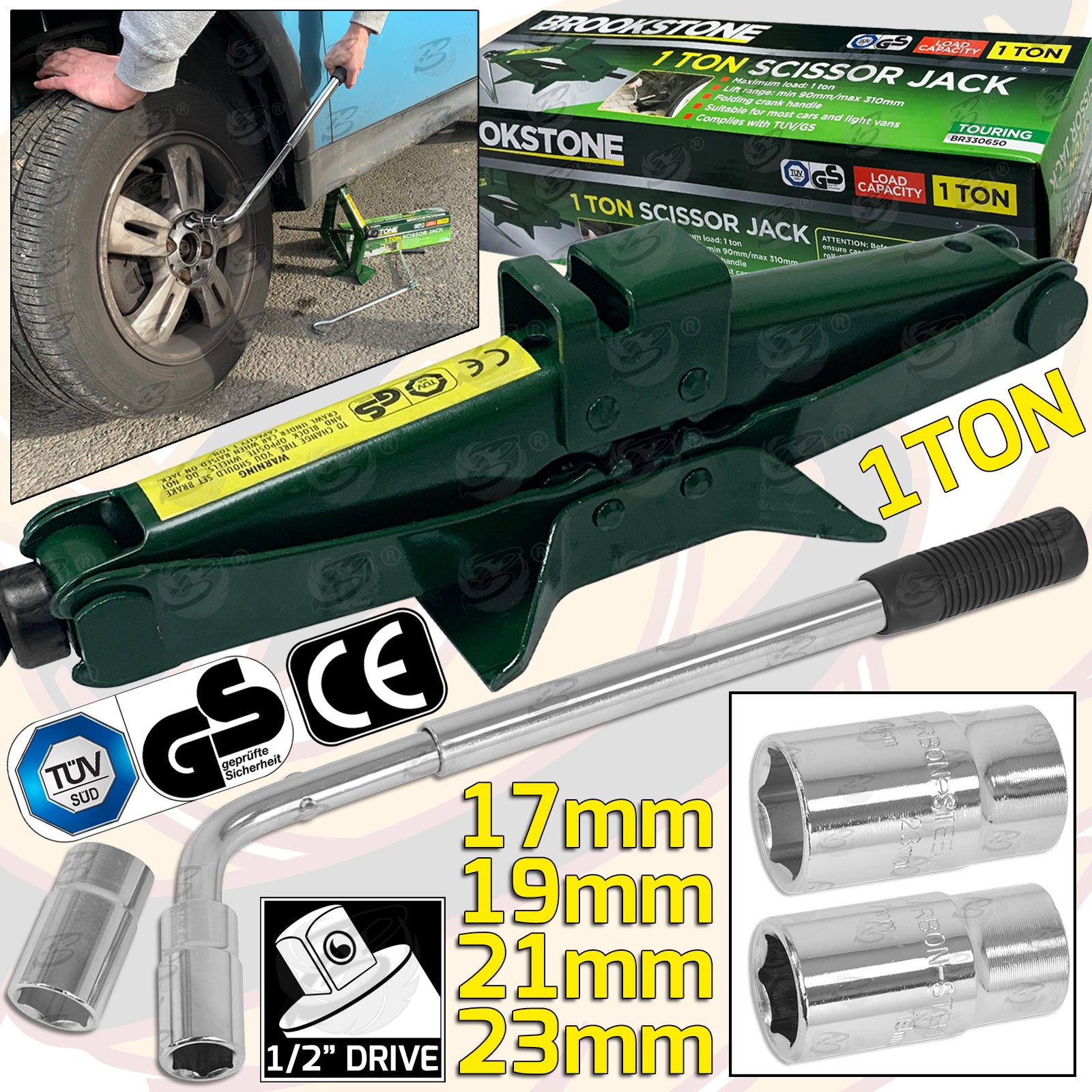 1 TONNE SCISSOR JACK & 1/2" DRIVE EXTENDABLE TYRE WRENCH ( 17MM - 23MM ) ( EMERGENCY TYRE CHANGING KIT )