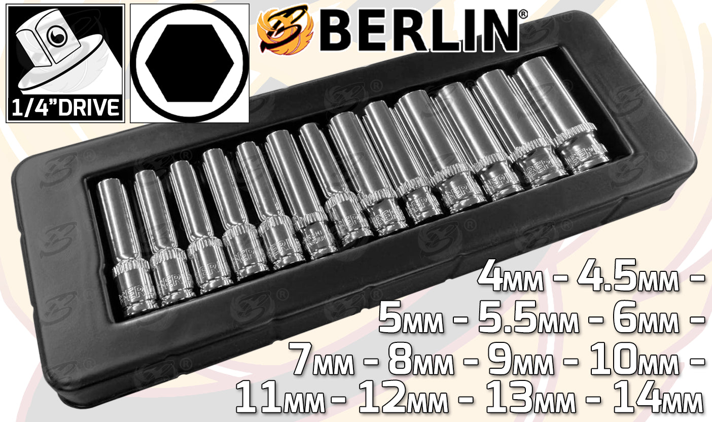 BERLIN 26PCS 1/4" DRIVE 6 POINT DEEP & SHALLOW SOCKETS 4MM - 14MM