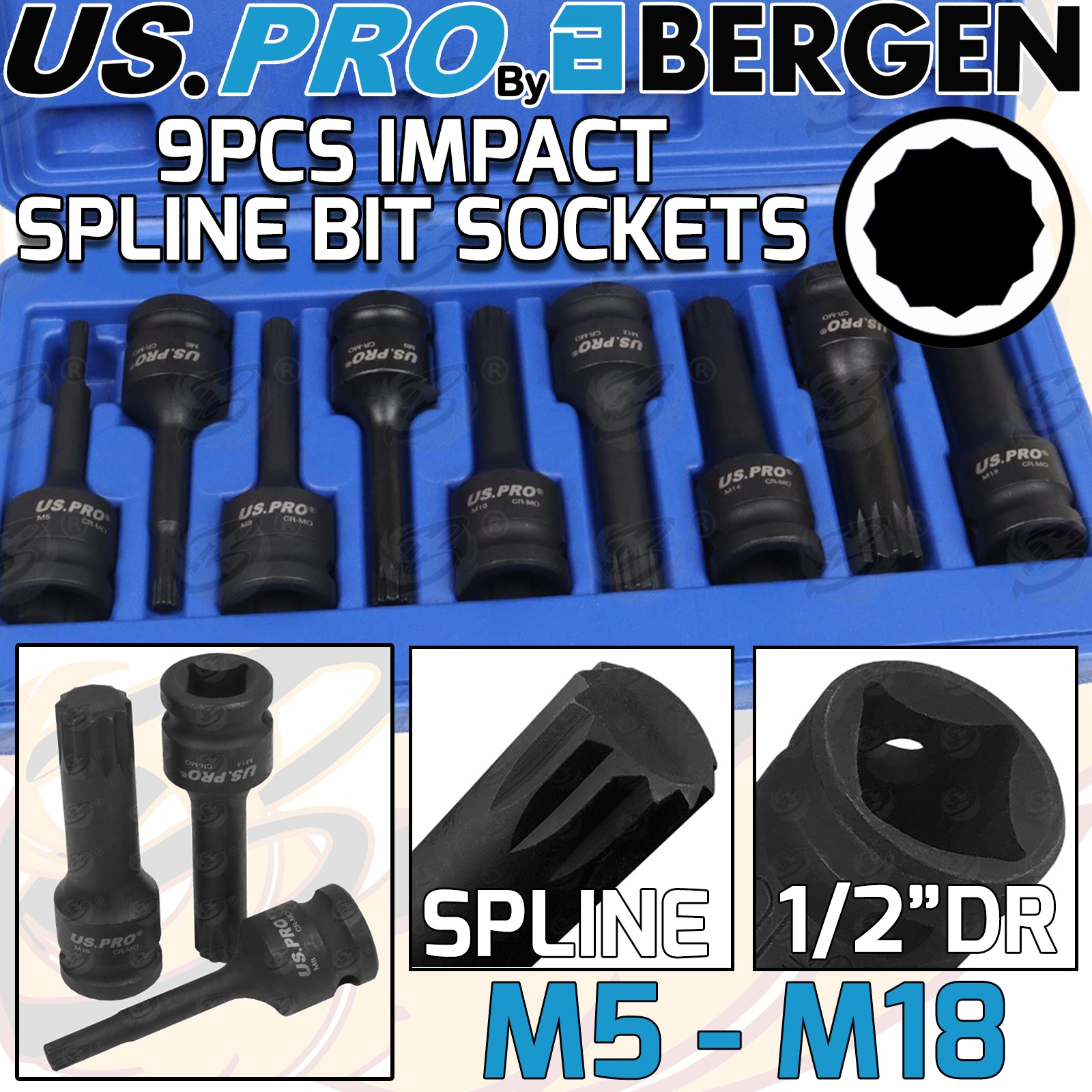 US PRO 9PCS 1/2" DRIVE IMPACT SPLINE BIT SOCKETS M5 - M18