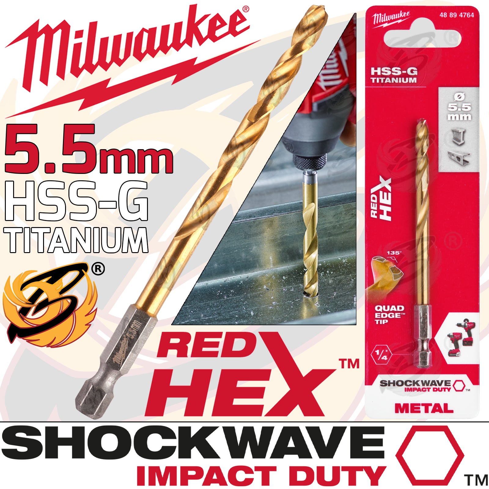 MILWAUKEE 5.5MM HSS TITANIUM METAL RED HEX DRILL BIT