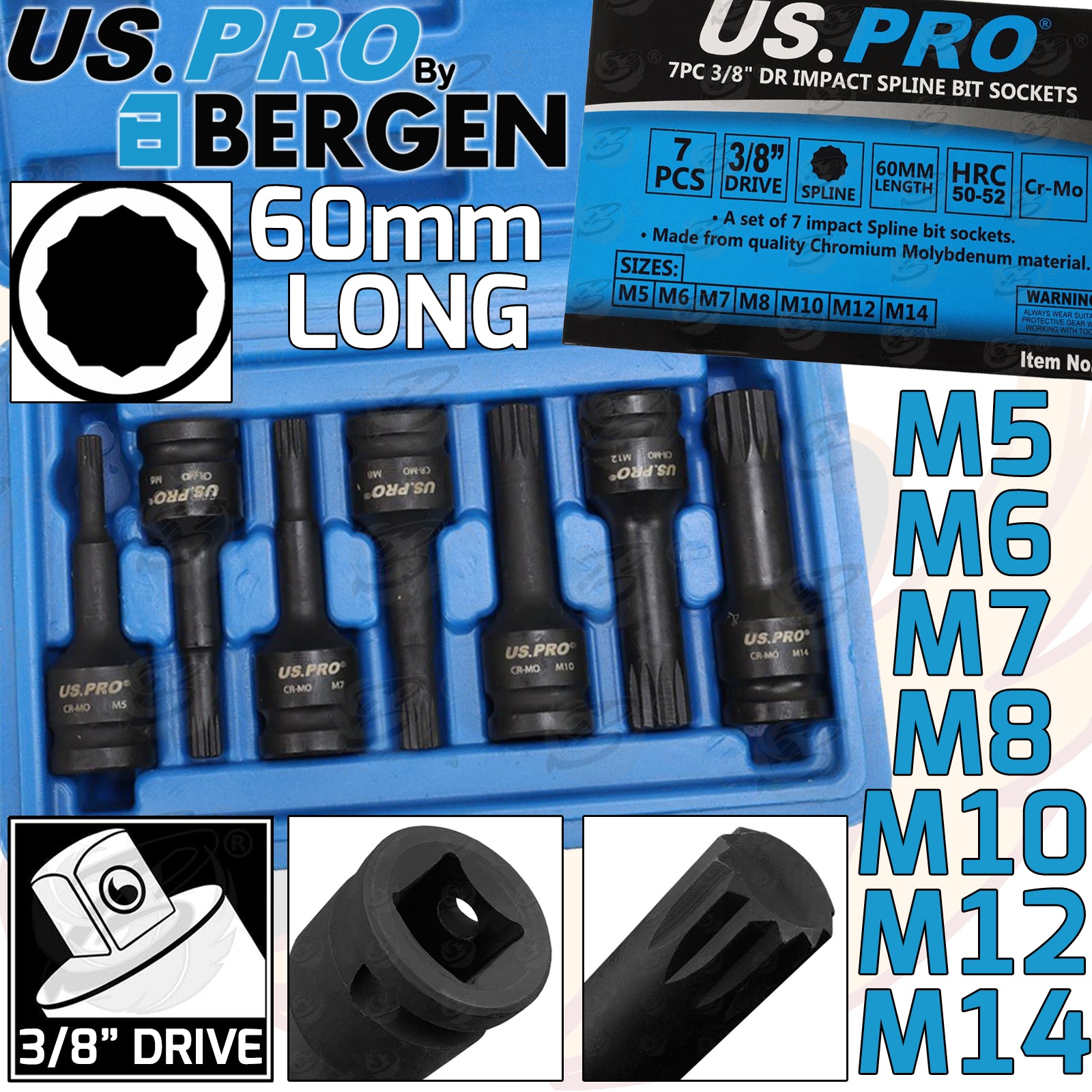 US PRO 7PCS 3/8" DRIVE IMPACT SPLINE BIT SOCKETS M5 - M14