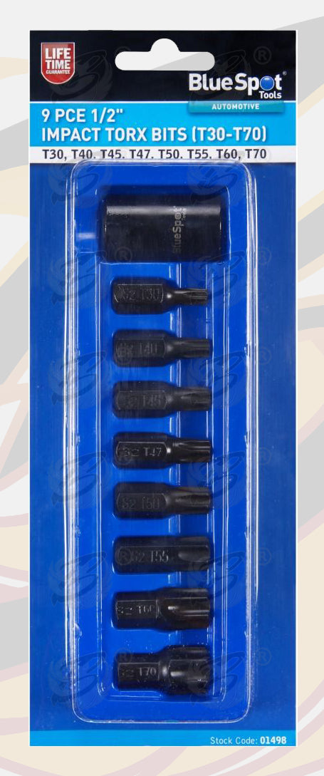 BLUESPOT 9PCS 1/2" DRIVE IMPACT TORX BIT SOCKETS T30 - T70