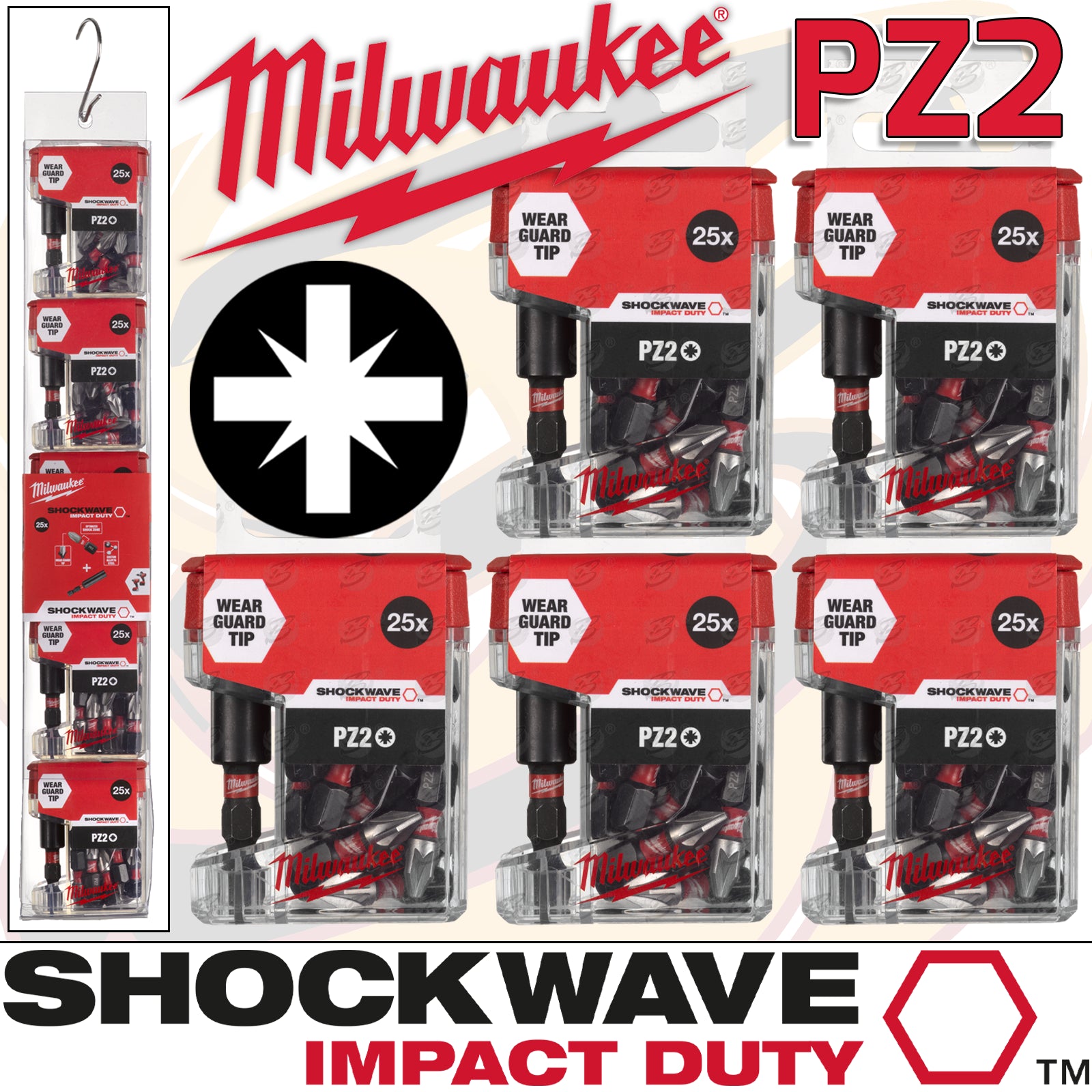 MILWAUKEE 26PCS POZI IMPACT BITS & MAGNETIC BIT HOLDER ( x 5 TUBS )