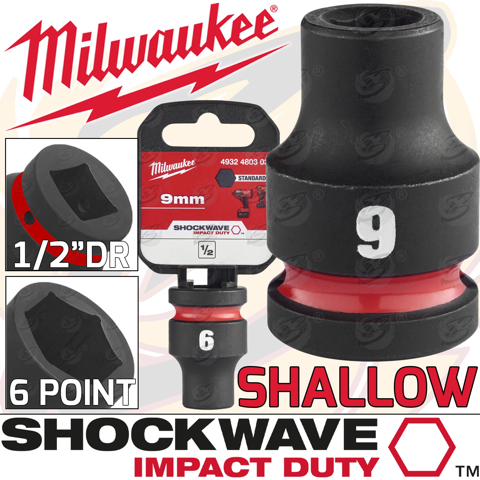 MILWAUKEE 9MM 1/2" DRIVE 6 POINT SHALLOW IMPACT SOCKET ( SINGLE )