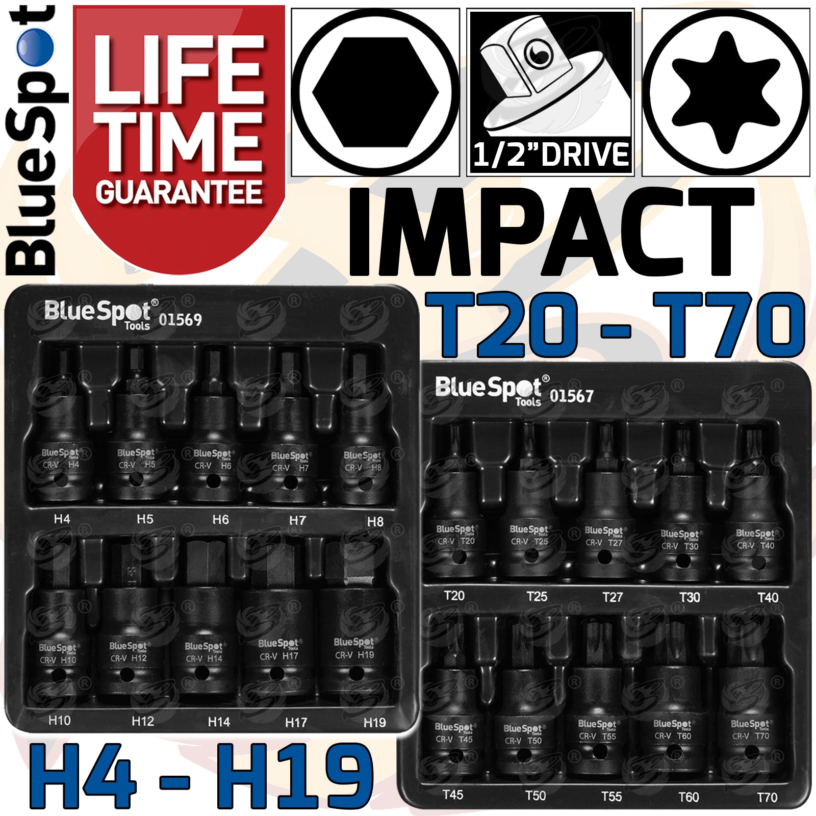 BLUESPOT 20PCS 1/2" DRIVE IMPACT HEX & TORX BIT SOCKETS ( H4 - H19 ) ( T20 - T70 )