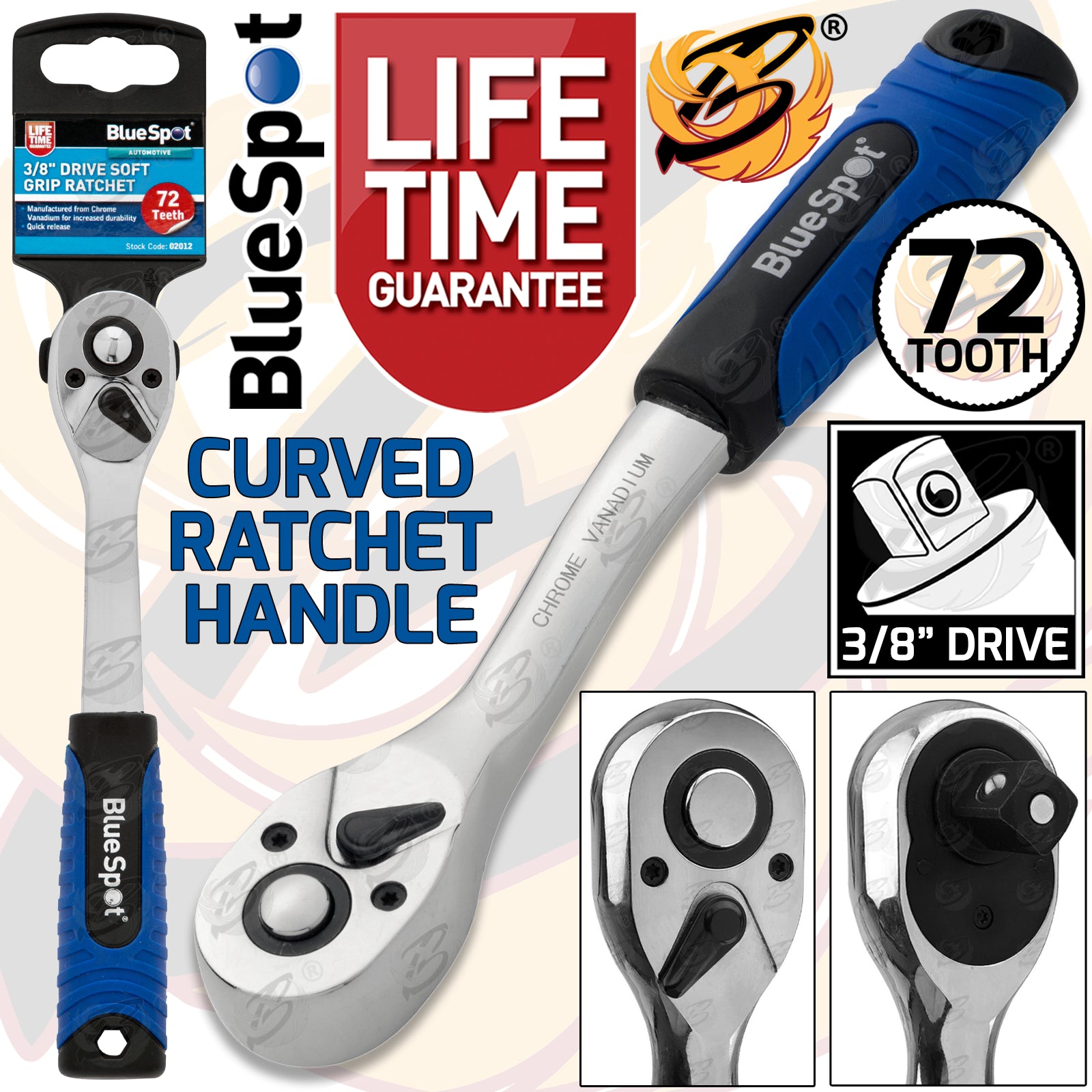 BLUESPOT 3/8" DRIVE 72 TOOTH SOFT GRIP CURVED RATCHET HANDLE