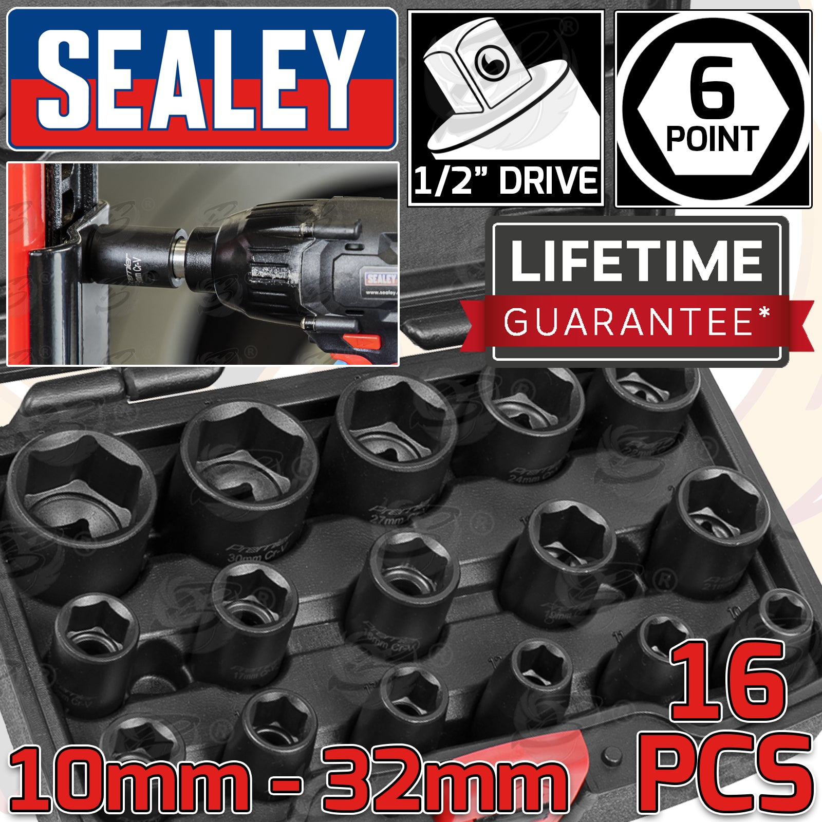 SEALEY 16PCS 1/2" DRIVE 6 POINT SHALLOW IMPACT SOCKETS 10MM - 16MM