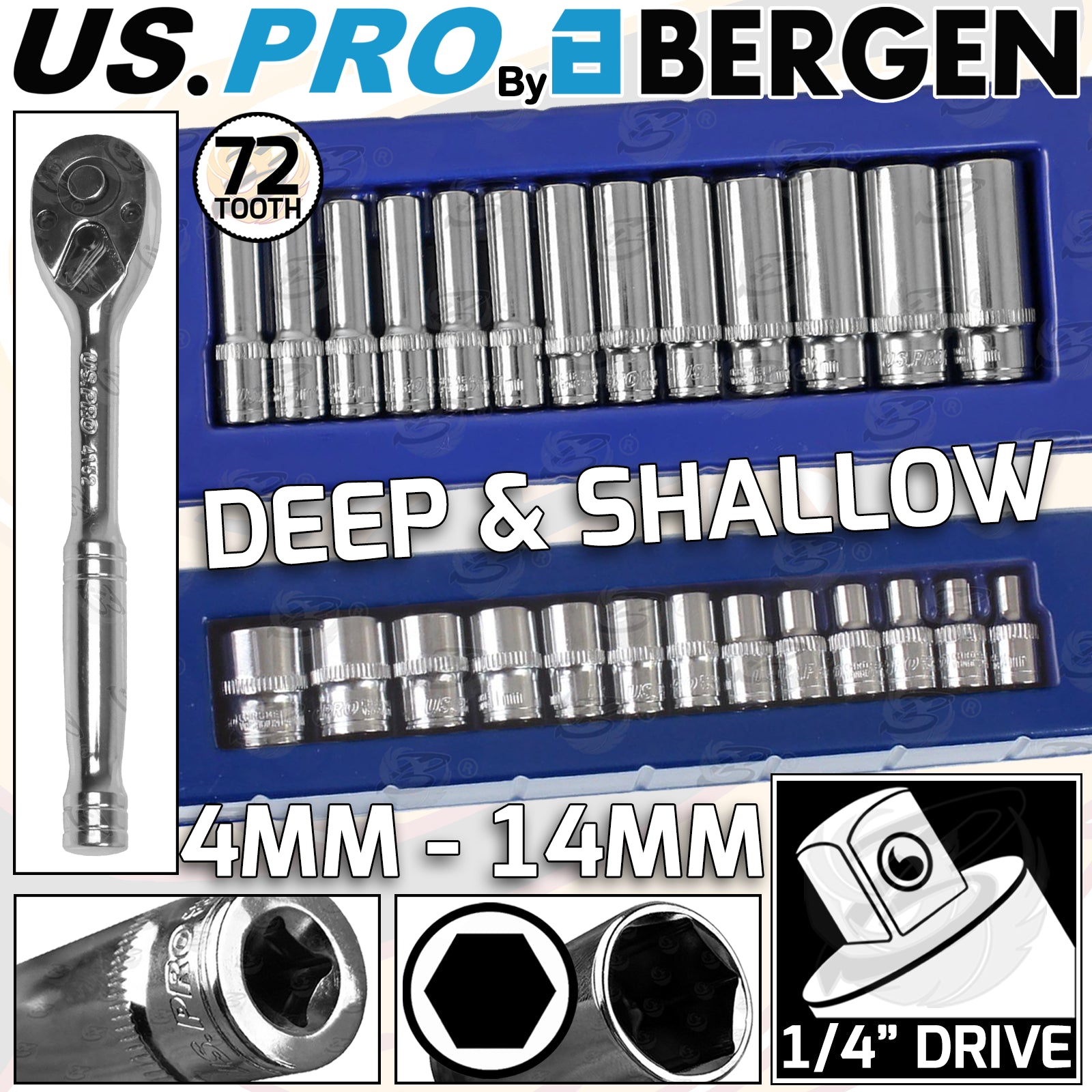 US PRO 27PCS 1/4" DRIVE 6 POINT DEEP & SHALLOW SOCKETS 4MM - 14MM & RATCHET HANDLE