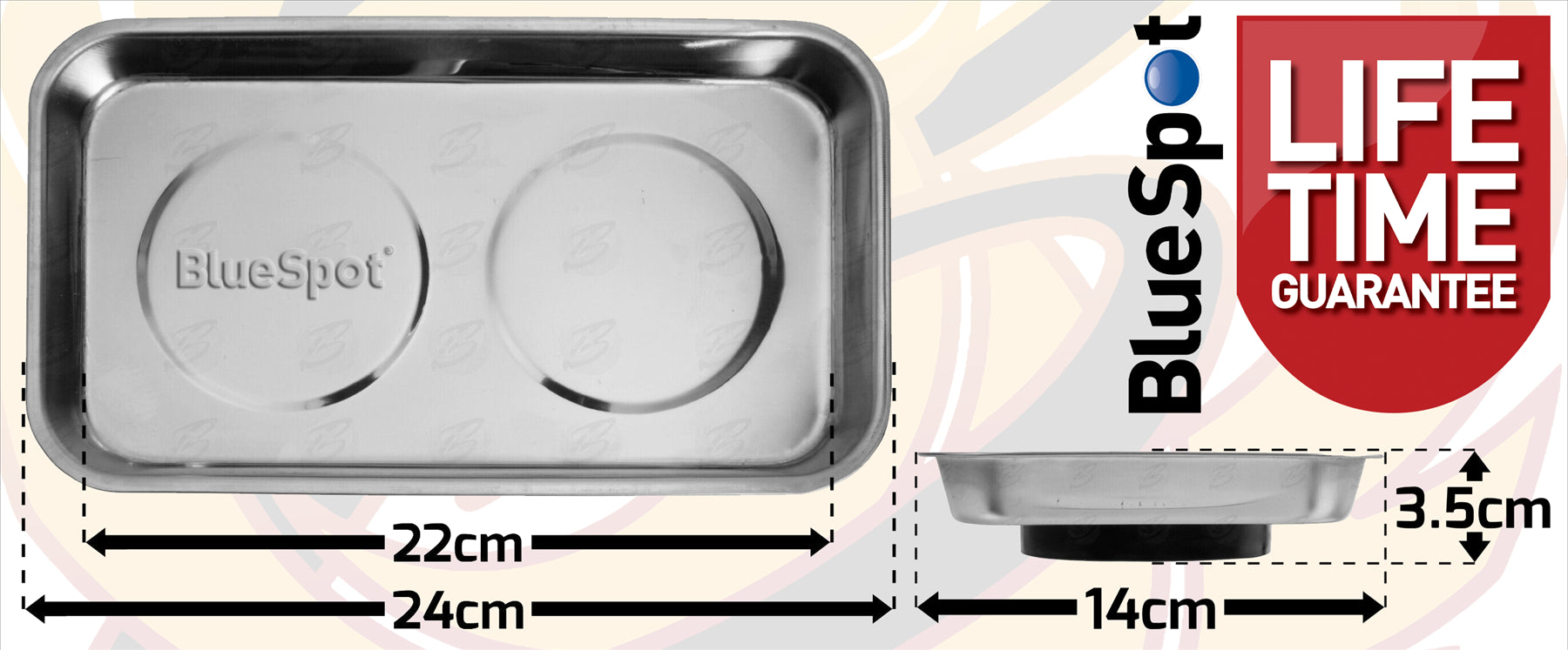 BLUESPOT 9" STAINLESS STEEL DOUBLE MAGNETIC PARTS TRAY & 2 x 6" ROUND STAINLESS STEEL MAGNETIC PARTS TRAY