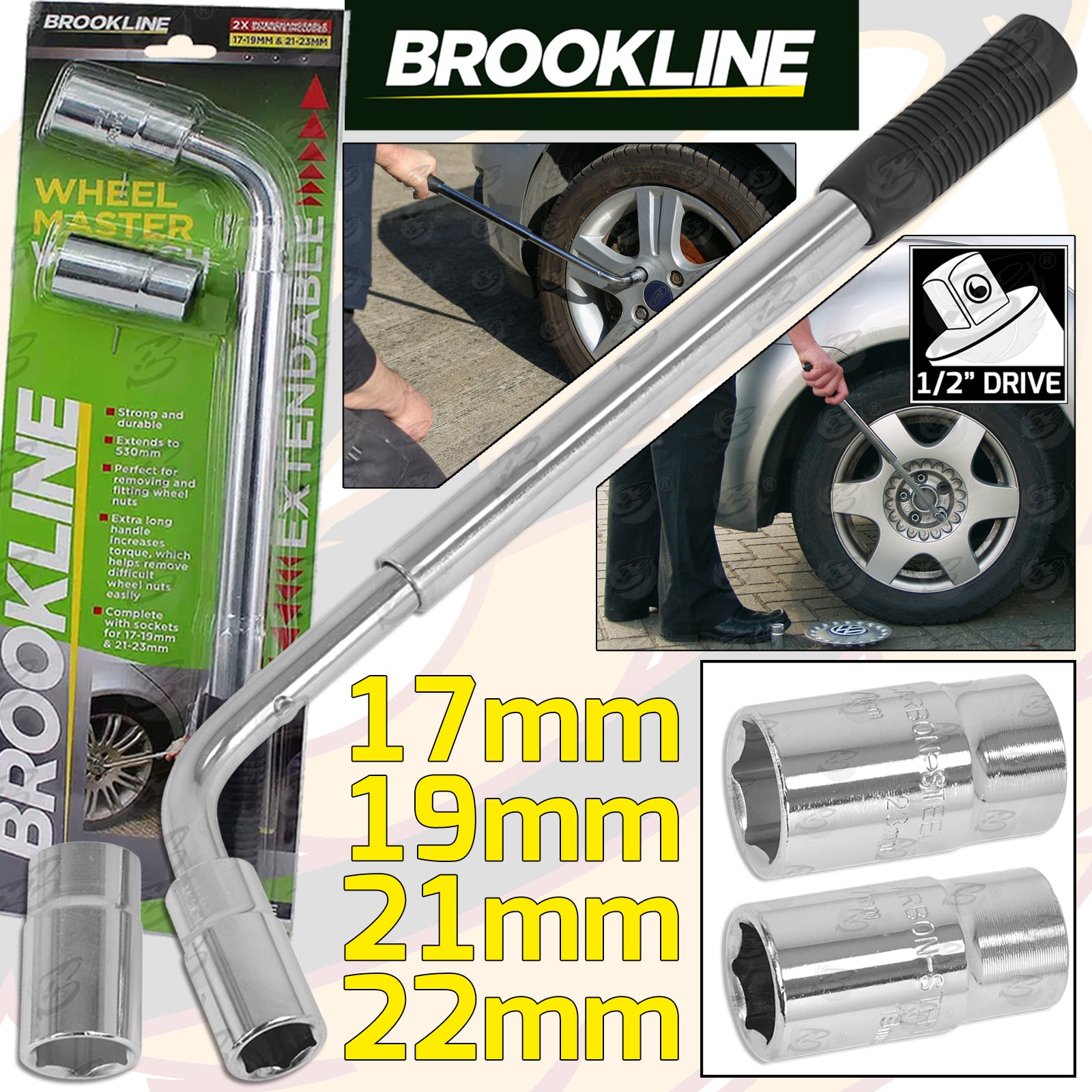 BROOKLINE 1/2" DRIVE EXTENDABLE TYRE WRENCH ( 17MM - 19MM - 21MM - 23MM )