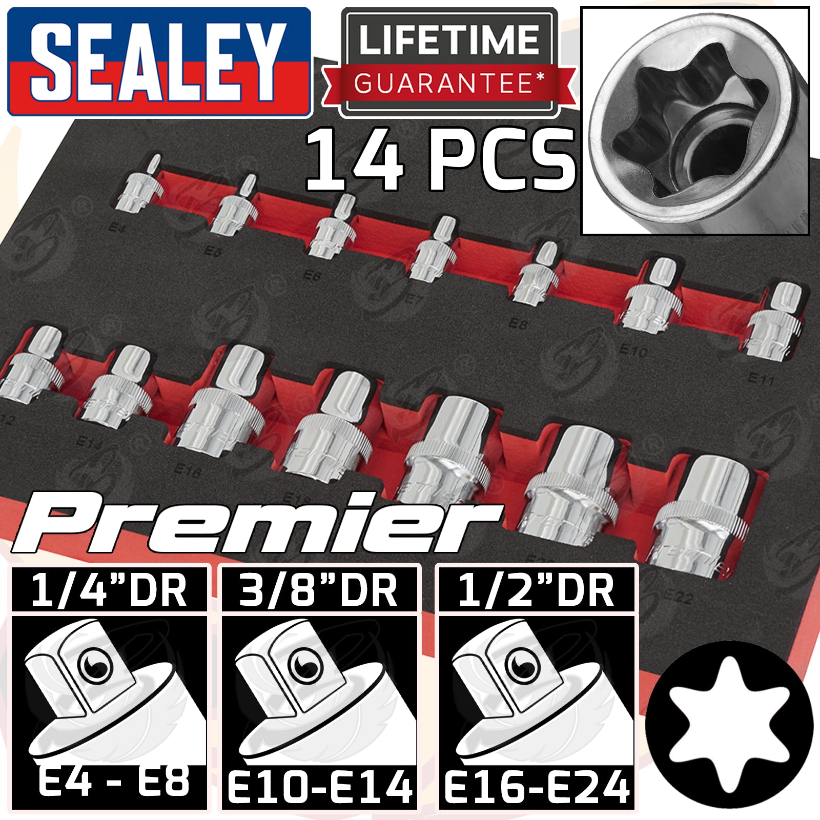 SEALEY 14PCS 1/4" & 3/8" & 1/2" DRIVE E TORX SOCKETS E4 - E24