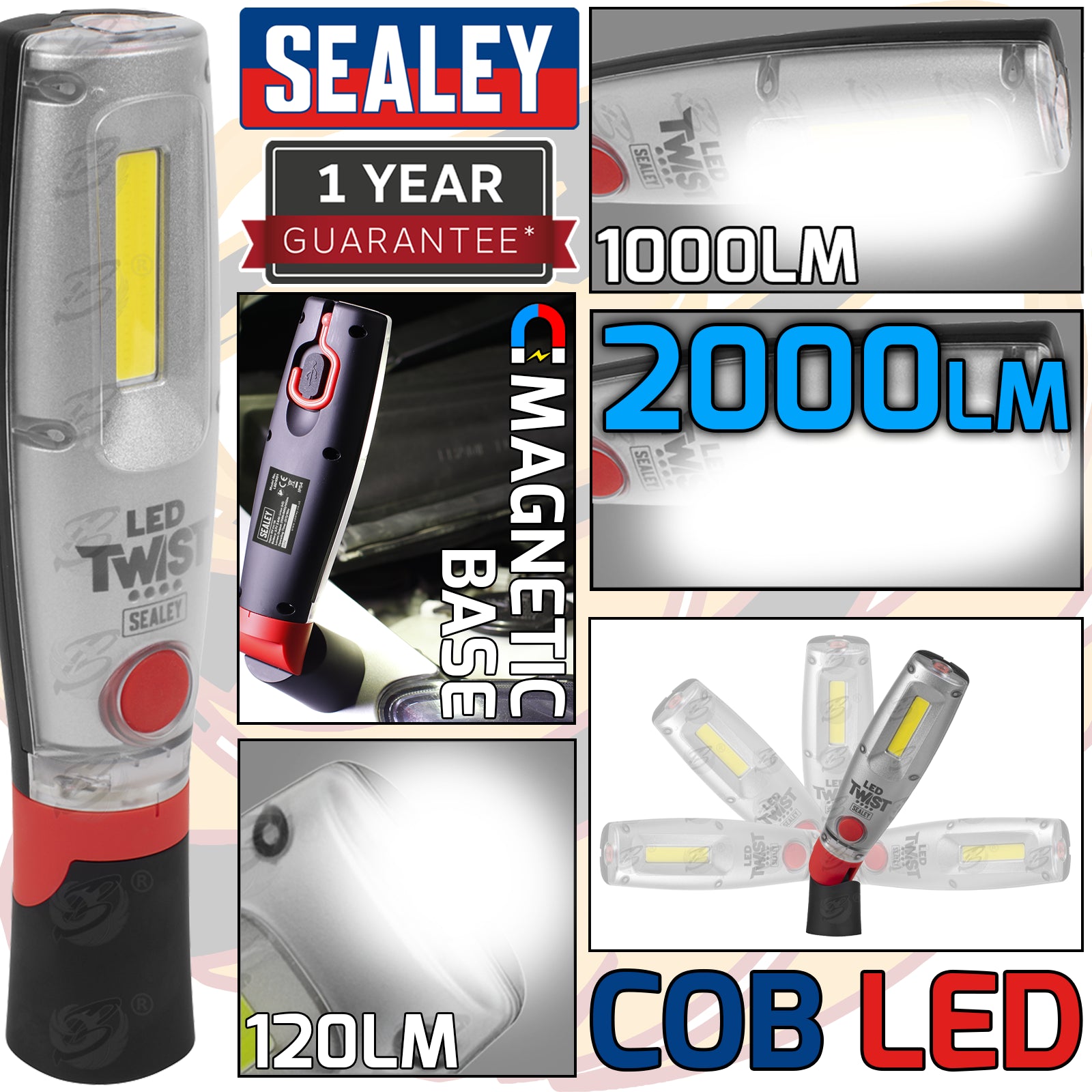 SEALEY RECHARGEABLE COB LED LI - ION WORK LIGHT ( 2000LM )