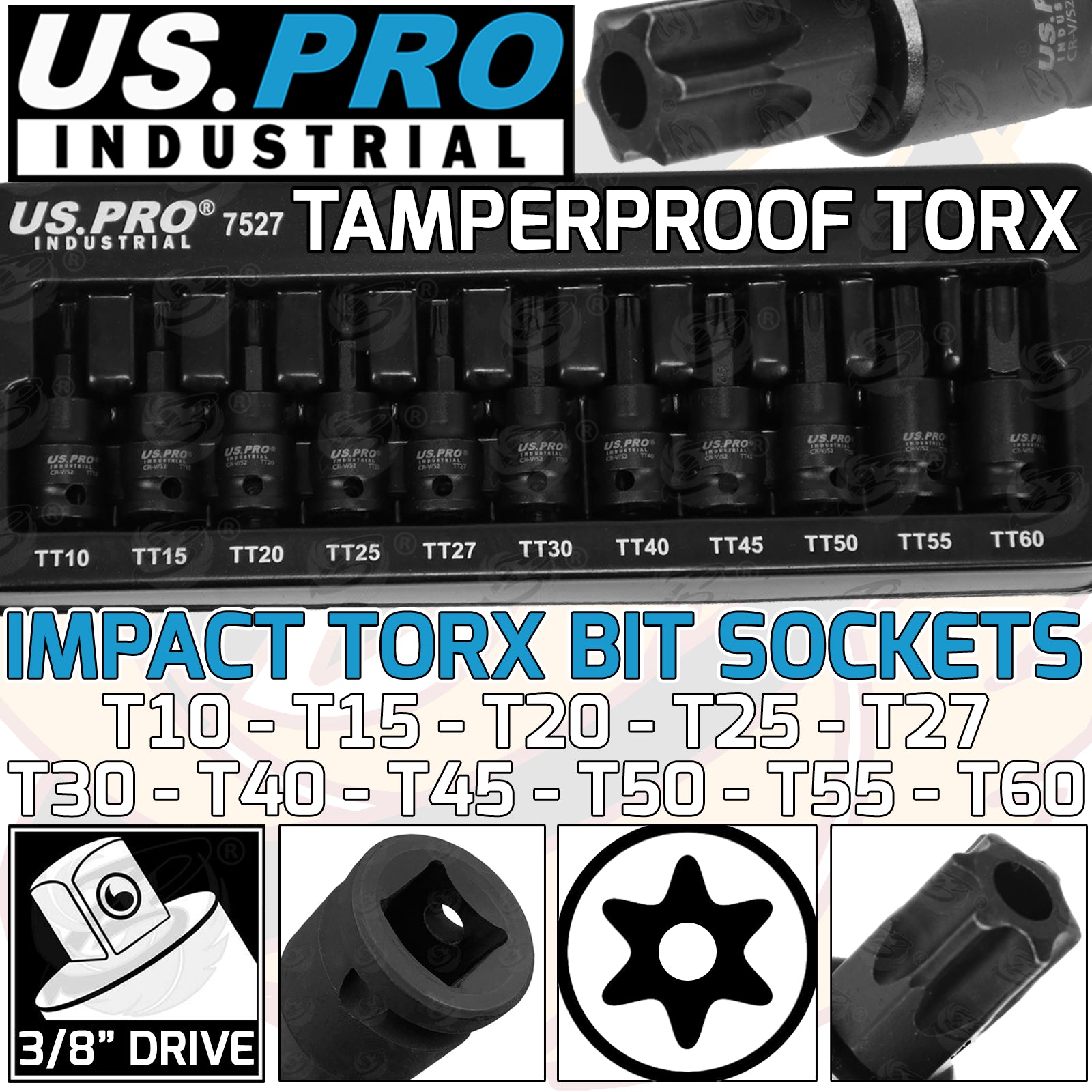US PRO 11PCS 3/8" DRIVE IMPACT TAMPERPROOF TORX BIT SOCKETS T10 - T60