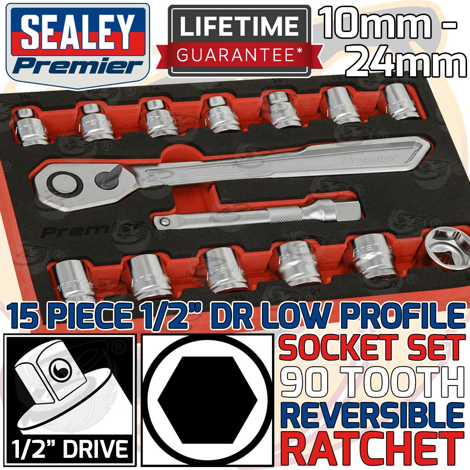 SEALEY 15PCS 1/2" DRIVE 6 POINT 90 TOOTH LOW PROFILE SOCKET SET 10MM - 24MM