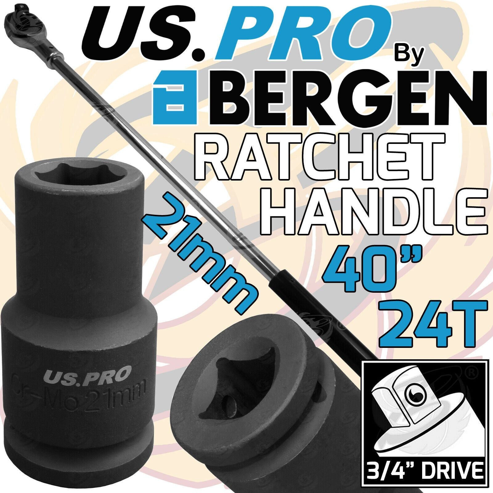 US PRO 3/4" DRIVE 24 TOOTH 1000MM LONG RATCHET HANDLE & 21MM 6 POINT DEEP IMPACT SOCKET