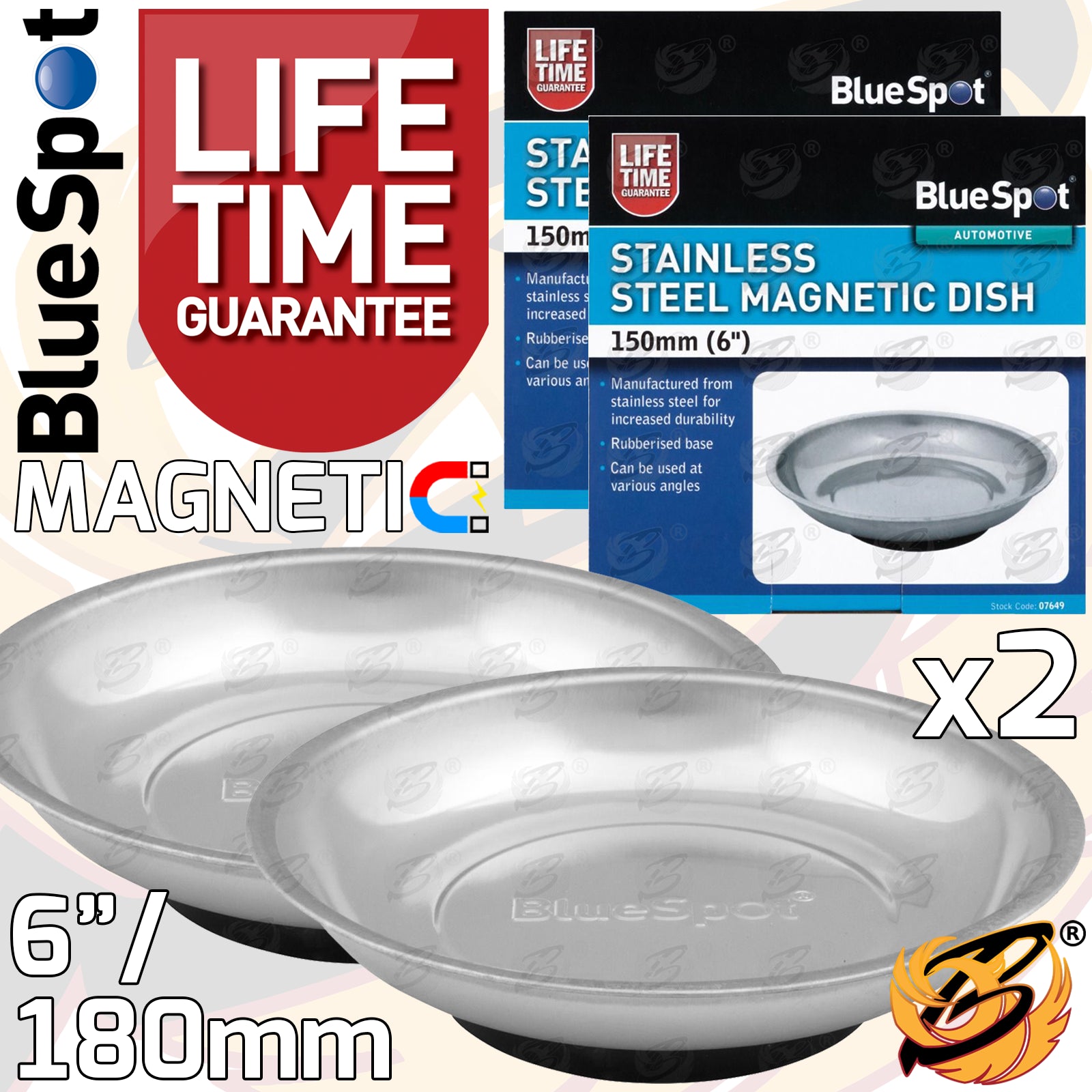 BLUESPOT 6" ROUND STAINLESS STEEL MAGNETIC PARTS TRAY ( x 2 )