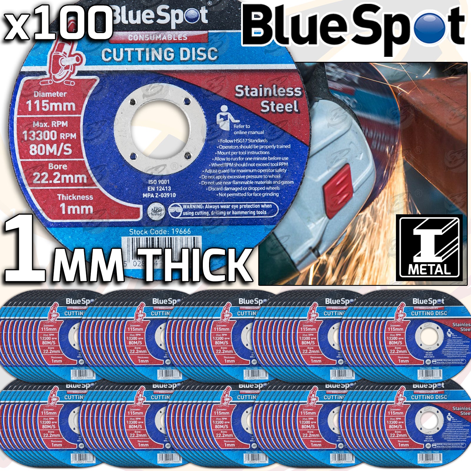 BLUESPOT 1MM THICK STAINLESS STEEL CUTTING DISCS ( X 100 DISCS )