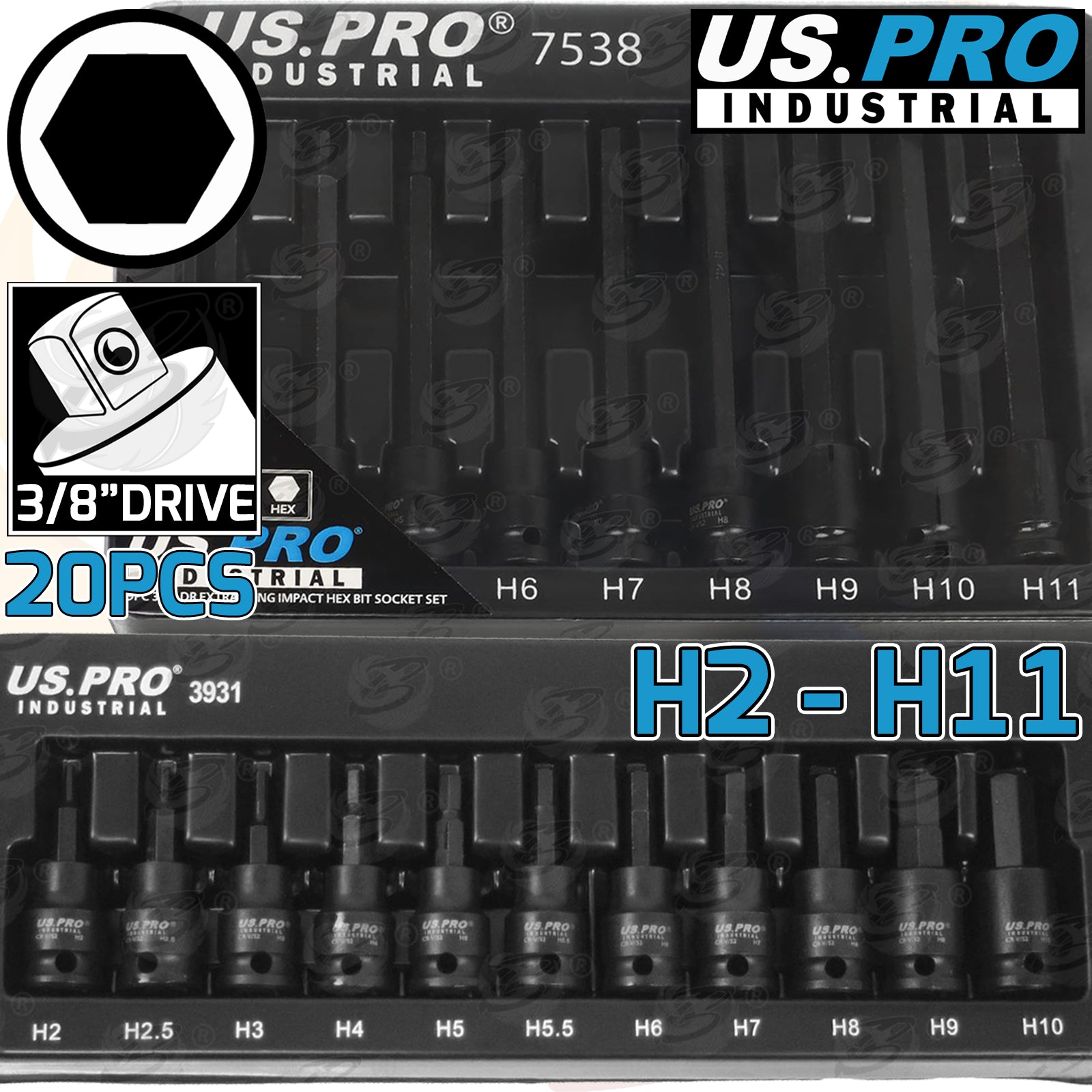 US PRO IMPACT 20PCS 3/8" DRIVE LONG & SHORT HEX BIT SOCKET SET H2 - H11