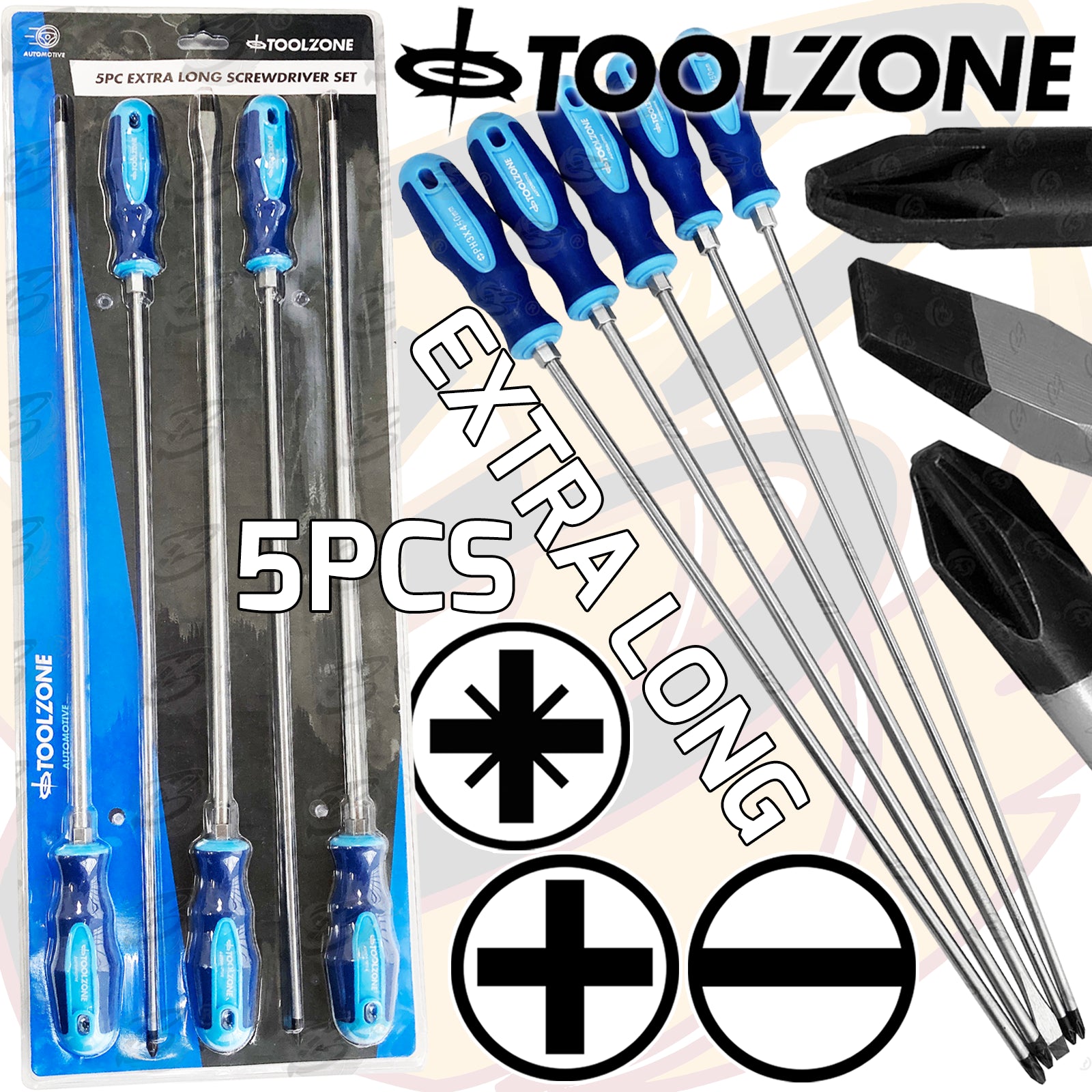 TOOLZONE 5PCS EXTRA LONG MAGNETIC SCREWDRIVER SET ( SLOTTED - PHILLIPS - POZIDRIVE )
