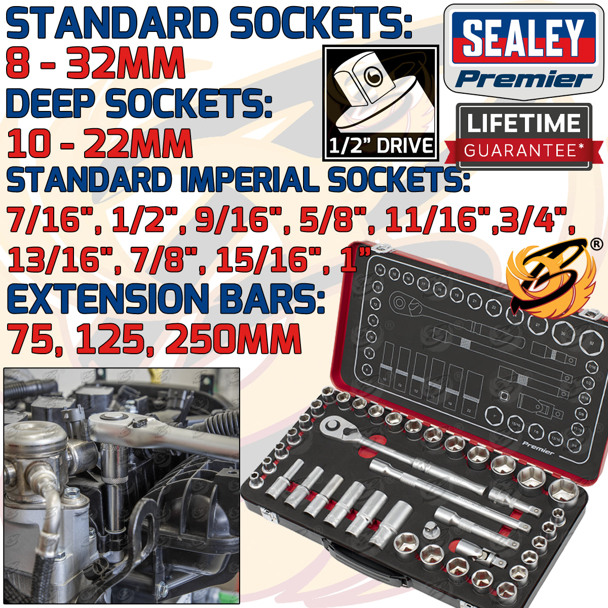 SEALEY 40PCS 1/2" DRIVE 6 POINT 90 TOOTH PREMIER PLATINUM SOCKET SET ( 8MM - 32MM & 7/16" - 1" )